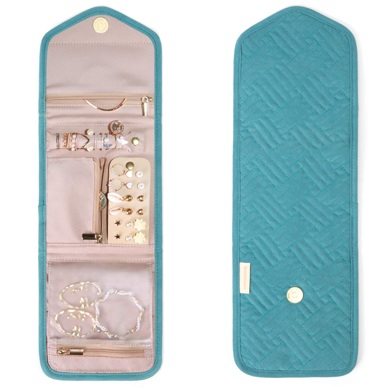 BAGSMART Travel Jewelry Organizer Storage Roll Foldable Jewelry Case Bag for Earrings, Journey-Rings, Necklaces, Bracelets, Brooches, Basic Size, Teal