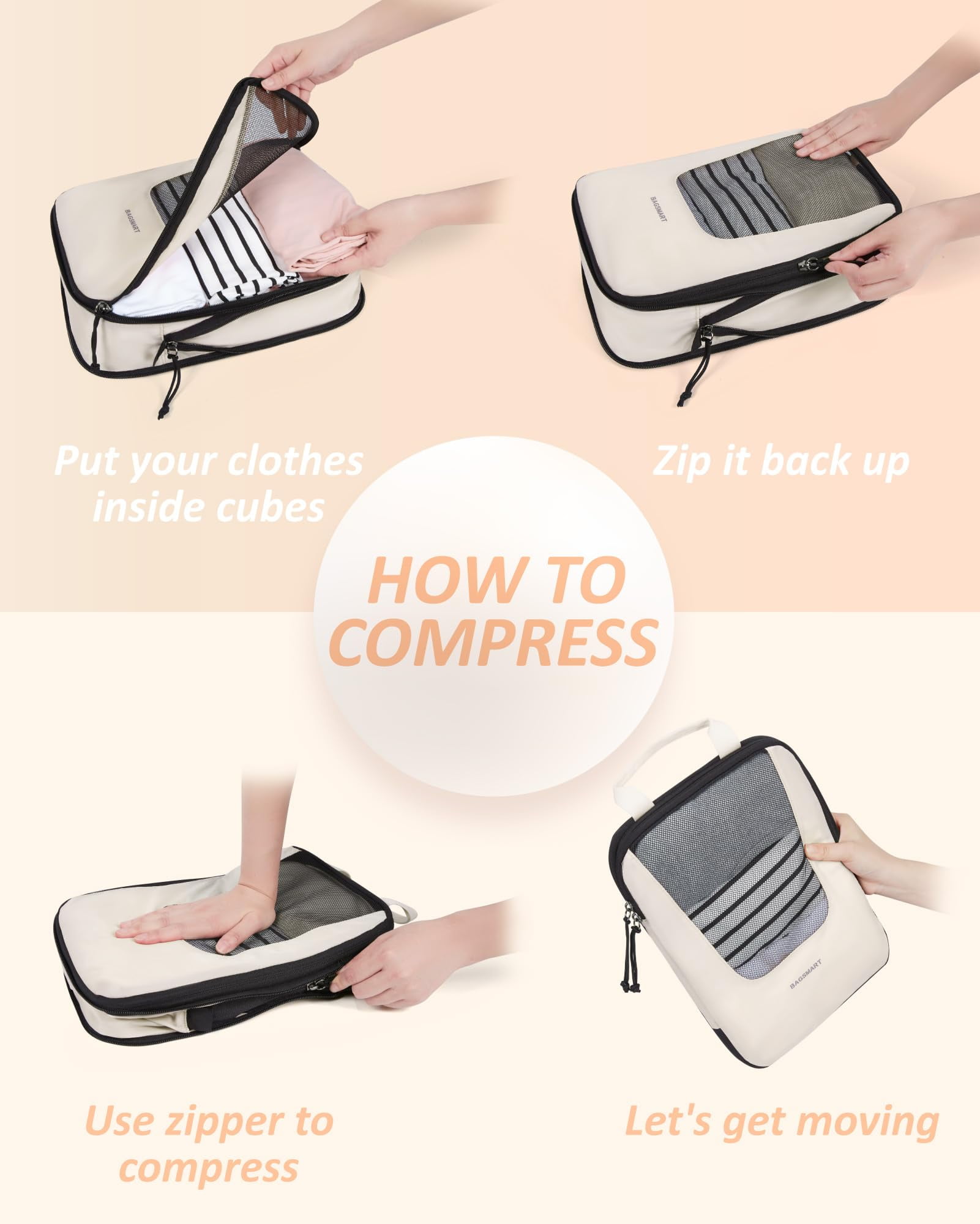 BAGSMART Set of 6 Compression Packing Cubes for Travel, Packing Organizers for Suitcases, Luggage Storage Bags Sets with Shoe & Laundry Bag, Expandable Foldable Lightweight, White Opal