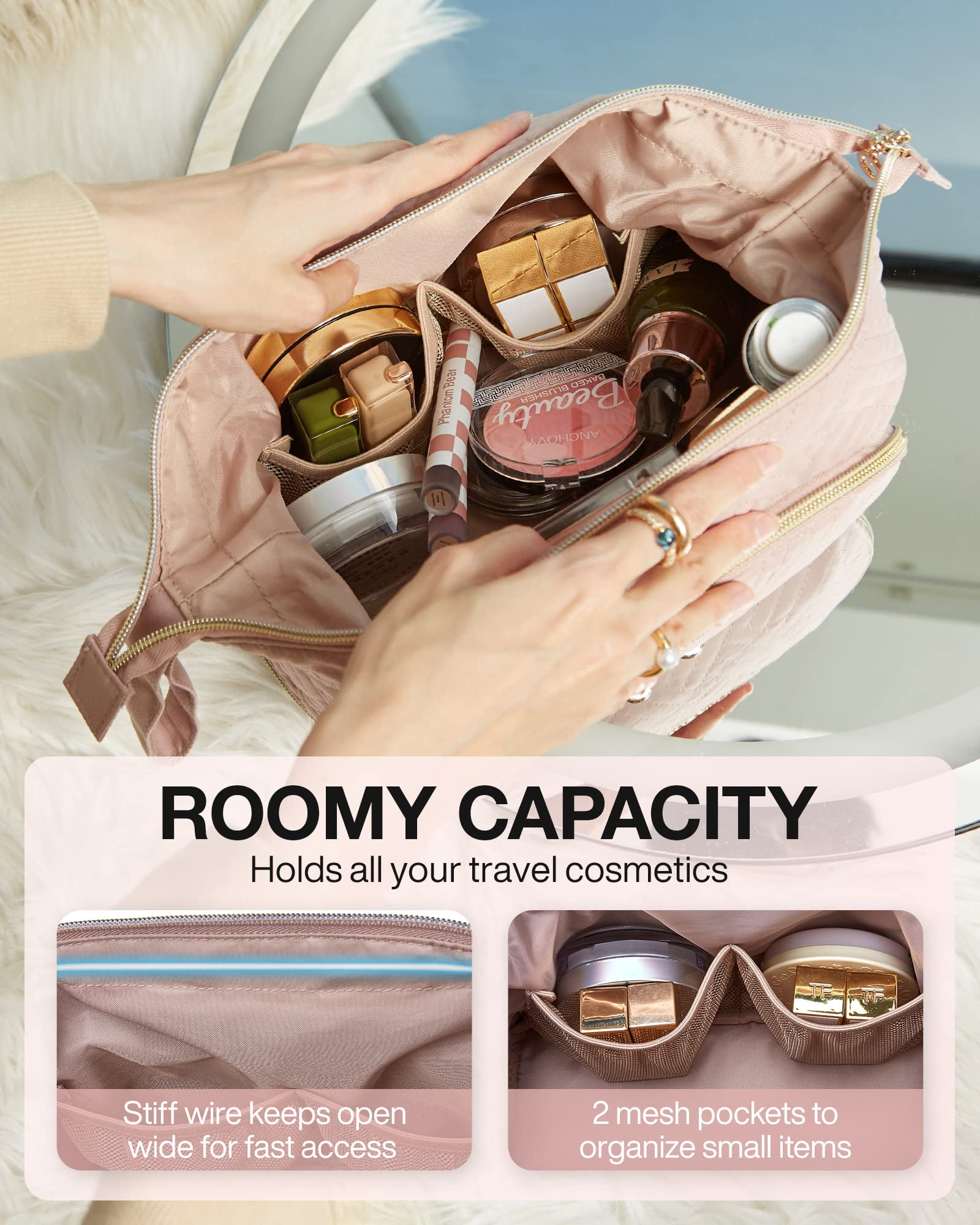 BAGSMART Double Layers Makeup Bag Cosmetic Pouch, Travel Toiletry Bag Organizer Case for Lipsticks Electonic Accessories, Waterproof, Portable, Multifunction, Women and Girls, Pink