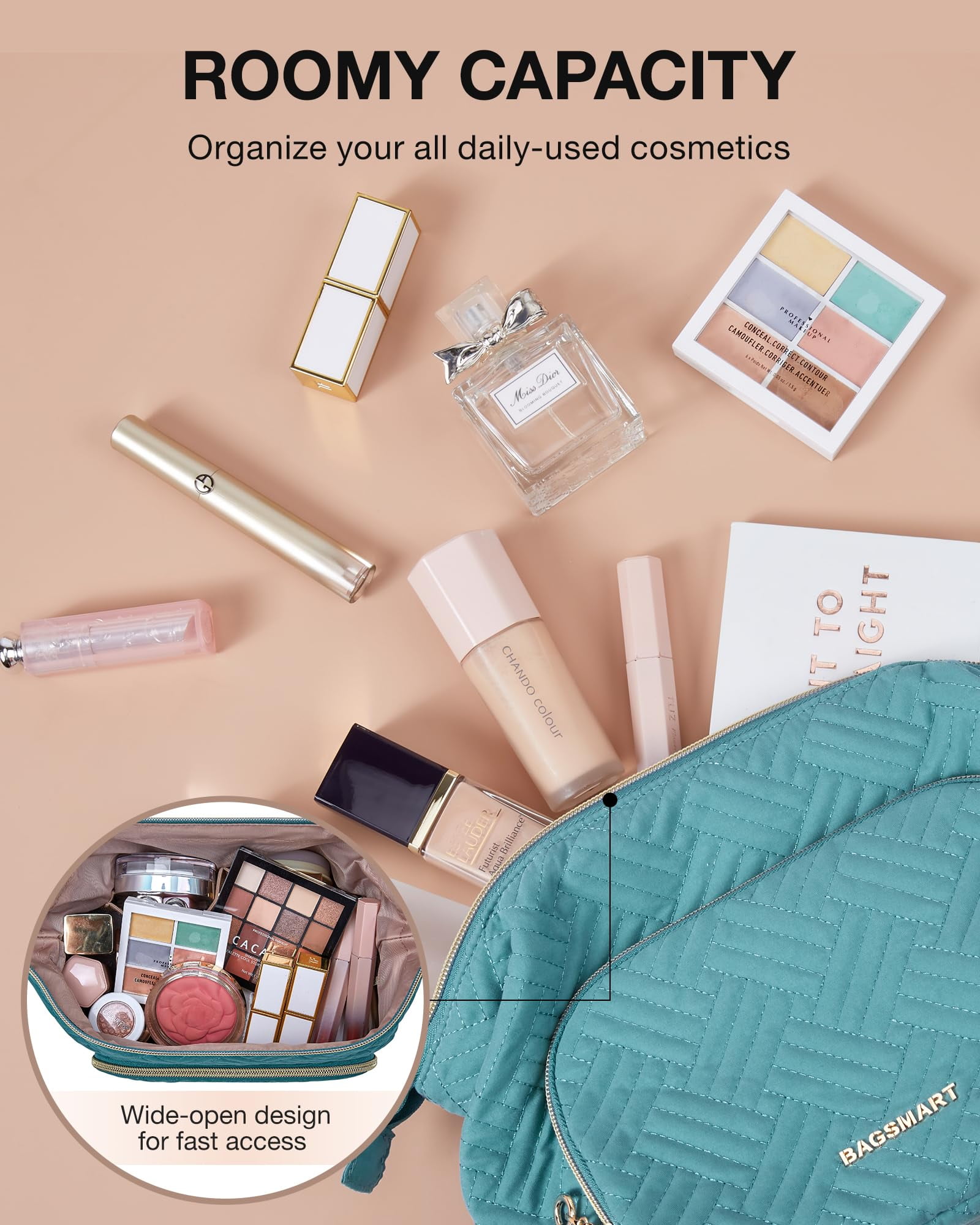 BAGSMART Makeup Bag Cosmetic Pouch, Large Capacity Travel Toiletry Bag Organizer Case for Lipsticks Electonic Accessories, Waterproof, Portable, Multifunction, Women and Girls, Basic-Blue