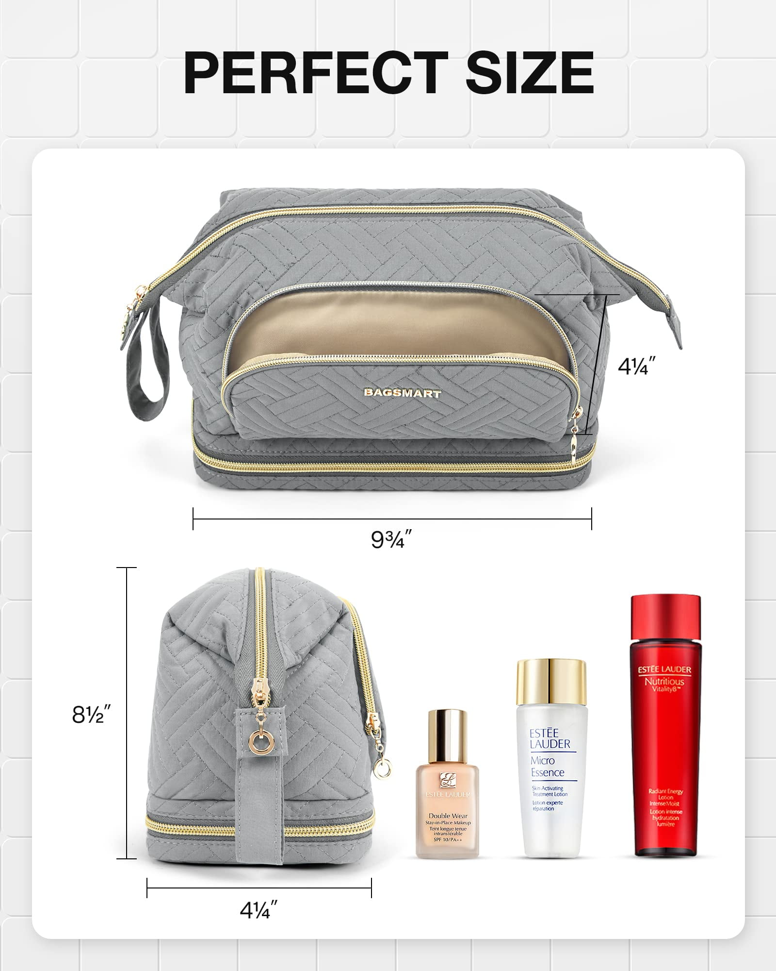 BAGSMART Double Layers Makeup Bag Cosmetic Pouch, Travel Toiletry Bag Organizer Case for Lipsticks Electonic Accessories, Waterproof, Portable, Multifunction, Women and Girls, Gray