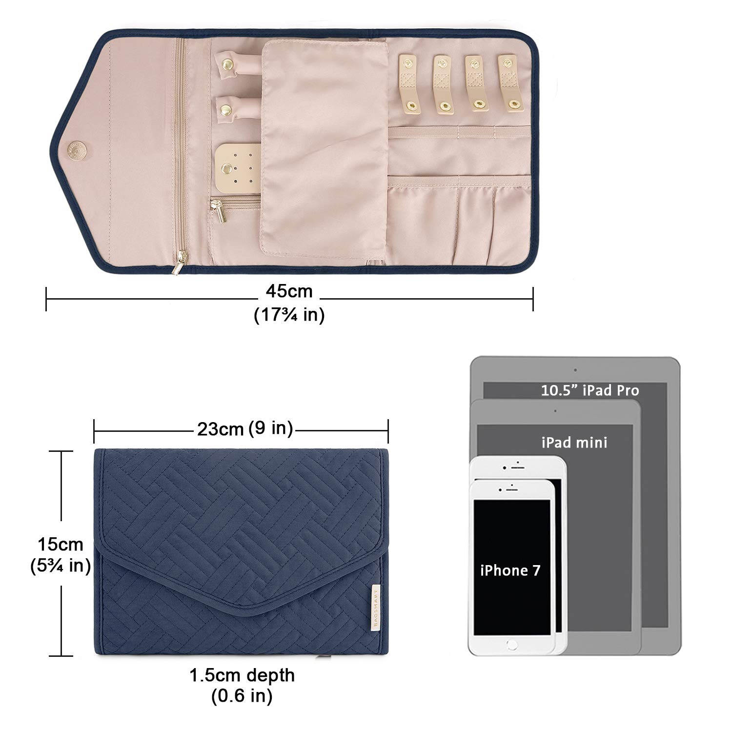 BAGSMART Travel Jewelry Organizer Storage Roll Foldable Jewelry Case Bag for Earrings, Journey-Rings, Necklaces, Bracelets, Brooches, Medium Size, Smokey Blue