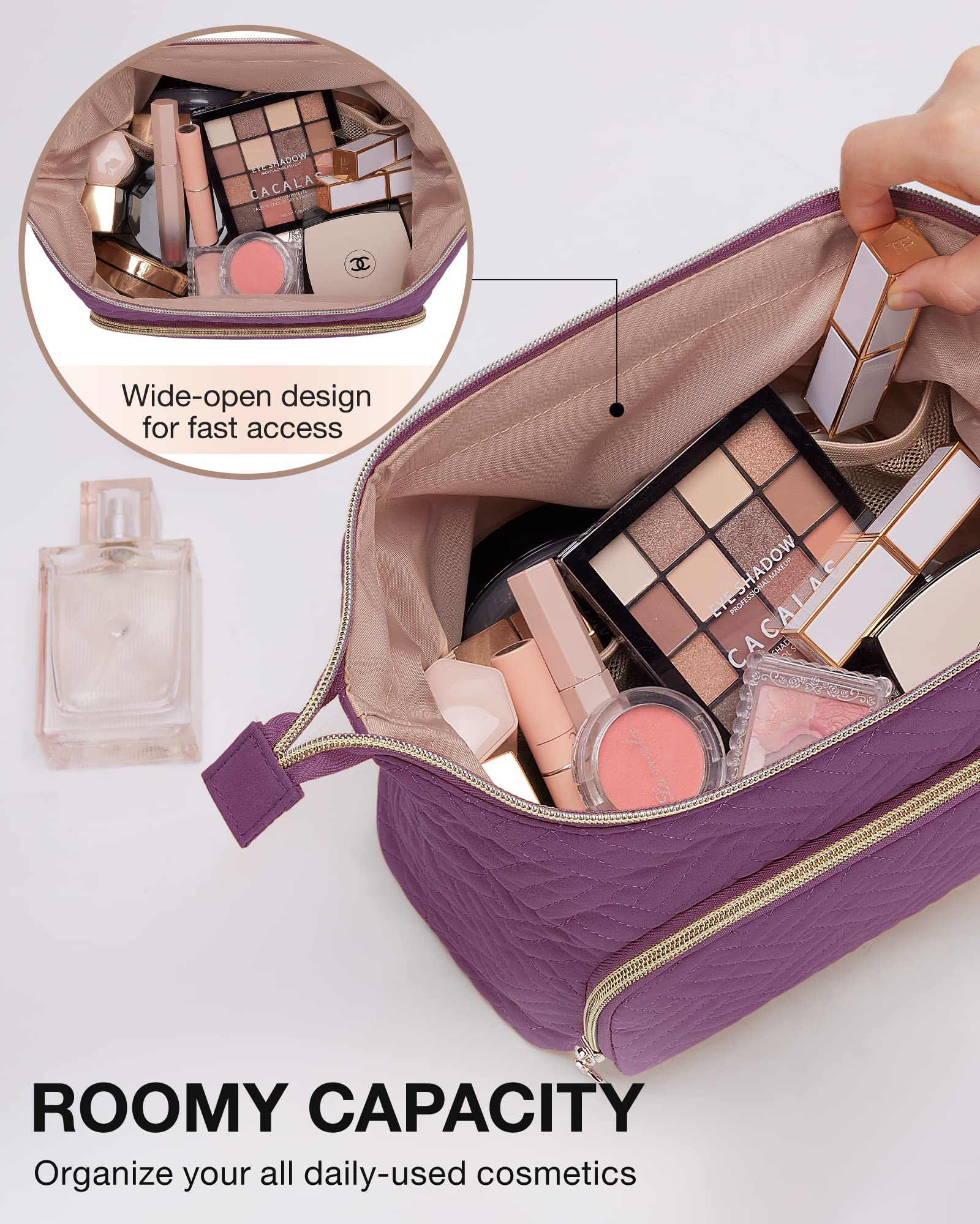 BAGSMART Large Size Makeup Bag Cosmetic Pouch, Travel Toiletry Bag Organizer Case for Lipsticks Electonic Accessories, Waterproof, Portable, Multifunction, Women and Girls, Purple