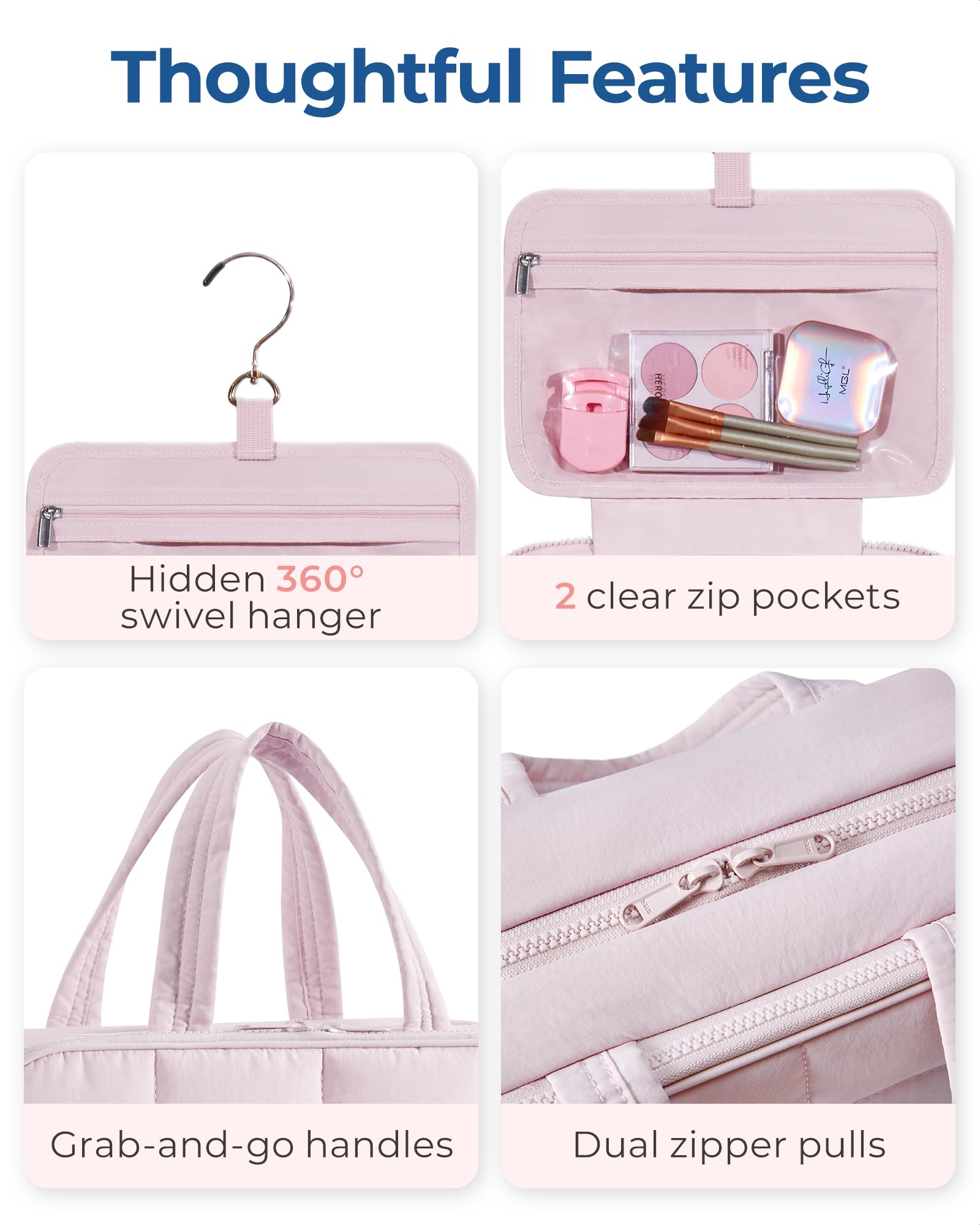 BAGSMART Travel Toiletry Bag with Jewelry Organizer, Puffy Makeup Cosmetic Bag with Hanging Hook for Toiletries Accessories Essentials, Women & Men, Large Size-Pink