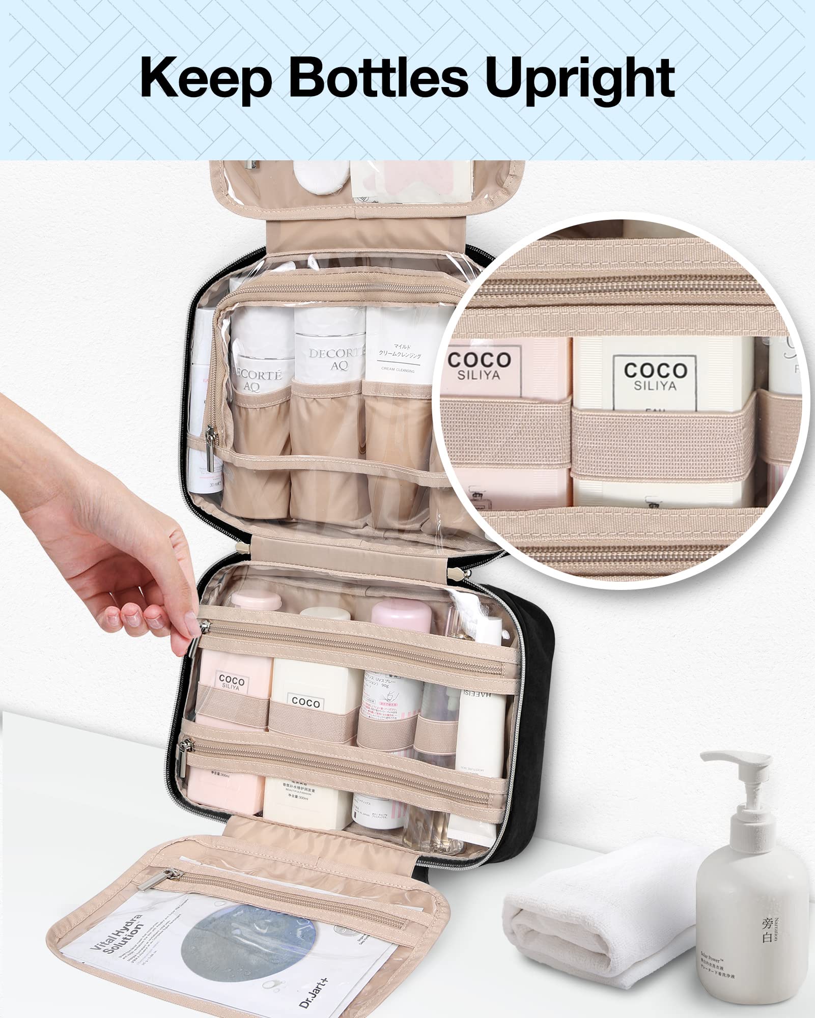 BAGSMART Travel Toiletry Bag Set with TSA Approved Transparent Cosmetic Makeup Bag, Hanging Travel Toiletries Organizer for Full Sized Accessories Essentials, Large Size, Black