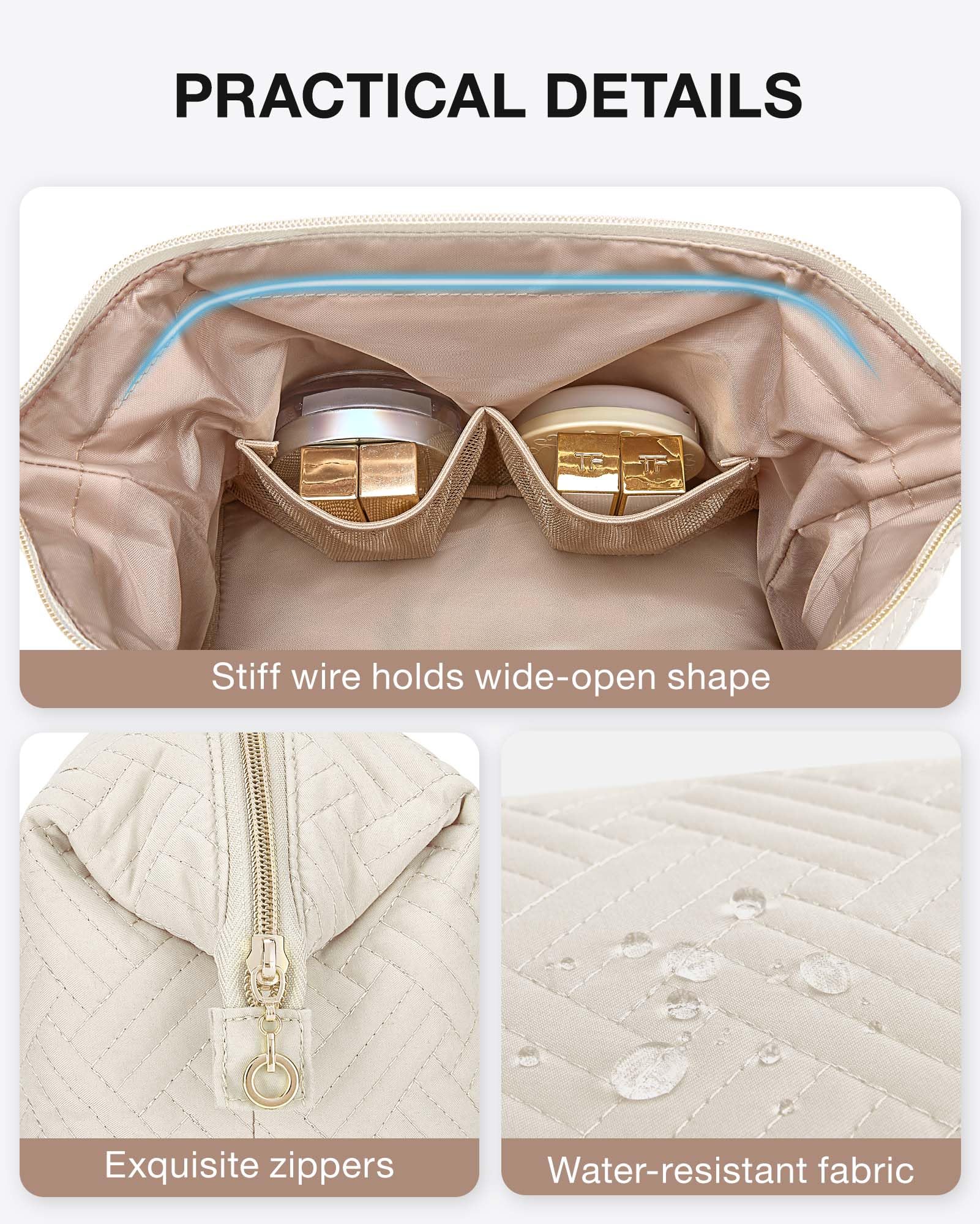 BAGSMART Large Size Makeup Bag Cosmetic Pouch, Travel Toiletry Bag Organizer Case for Lipsticks Electonic Accessories, Waterproof, Portable, Multifunction, Women and Girls, Beige