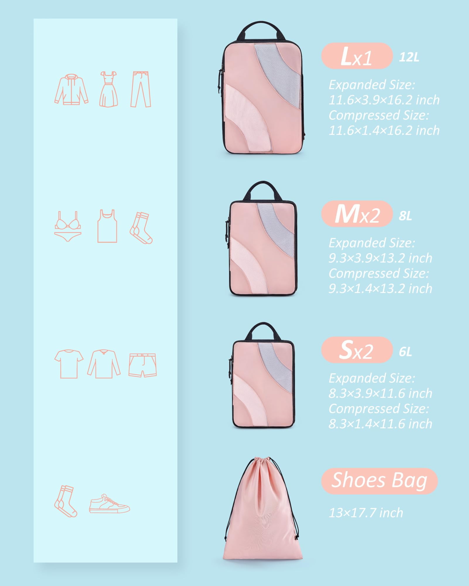 BAGSMART Compression Packing Cubes for Luggage, 6 Piece Travel Packing Organizers Set, Expandable Foldable Lightweight Suitcase Storage Bags for Travel Accessories Essentials, Baby Pink