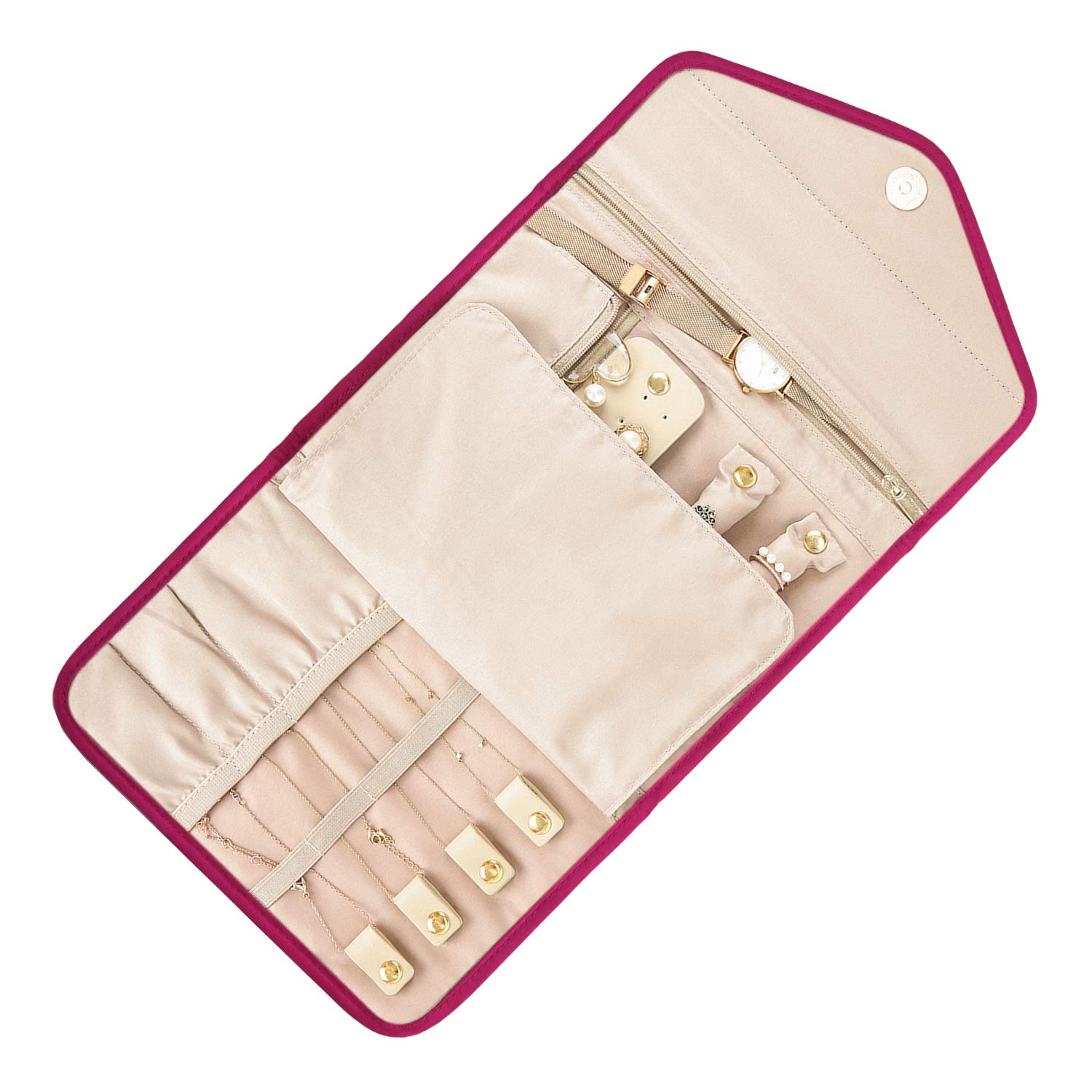 BAGSMART Travel Jewelry Organizer Storage Roll Foldable Jewelry Case Bag for Earrings, Journey-Rings, Necklaces, Bracelets, Brooches, Medium Size, Rose