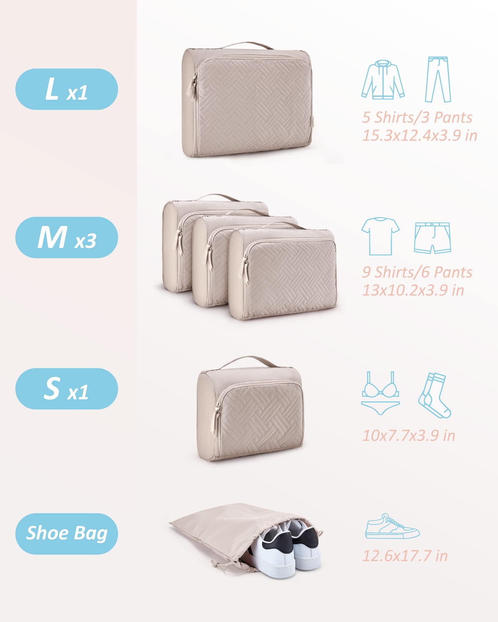 BAGSMART Soft Packing Cubes for Luggage, 6 Set Quilted Travel Packing Organizers, Lightweight Suitcase Storage Bags for Travel Accessories Essentials for Women Men, Lvory