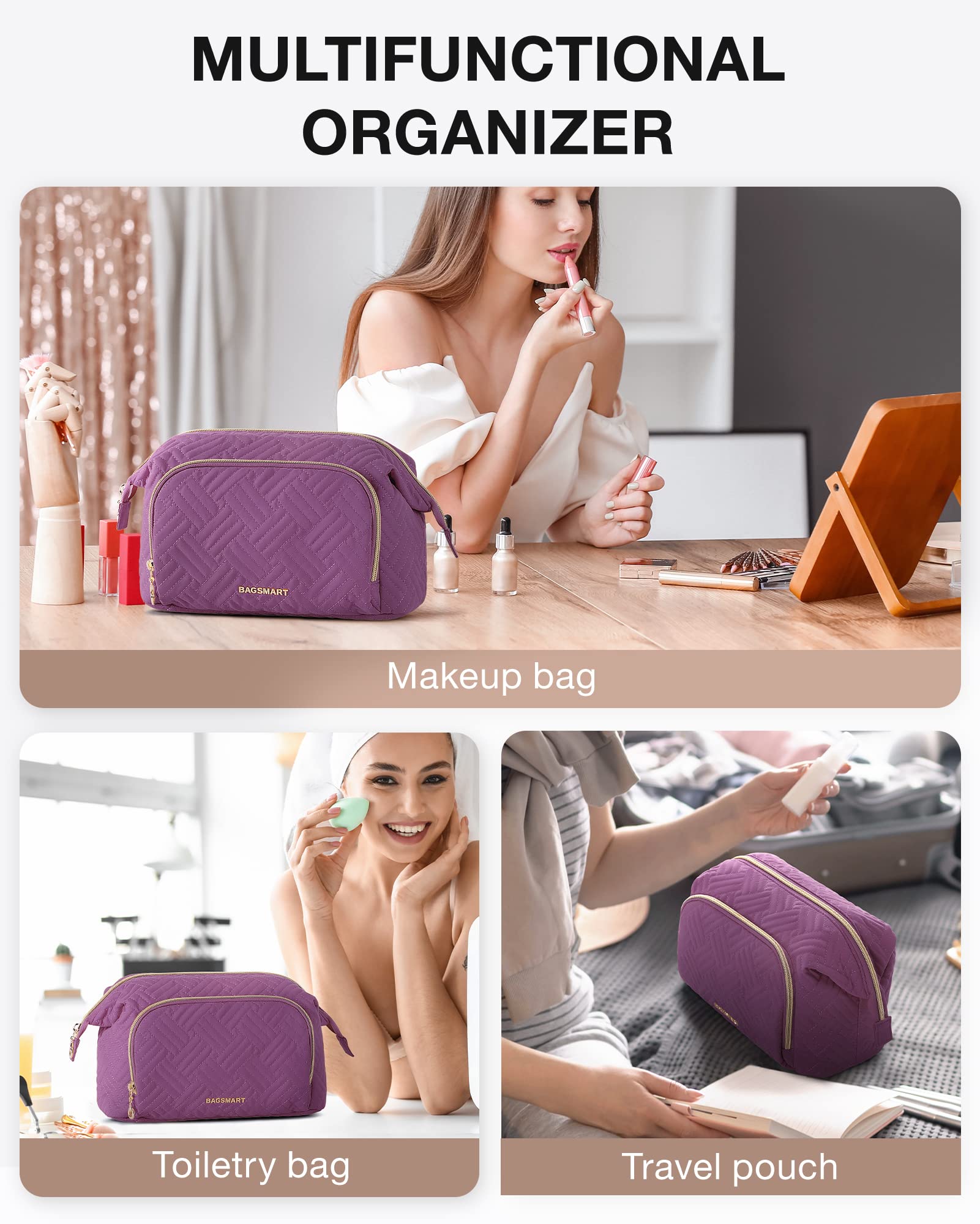 BAGSMART Large Size Makeup Bag Cosmetic Pouch, Travel Toiletry Bag Organizer Case for Lipsticks Electonic Accessories, Waterproof, Portable, Multifunction, Women and Girls, Purple