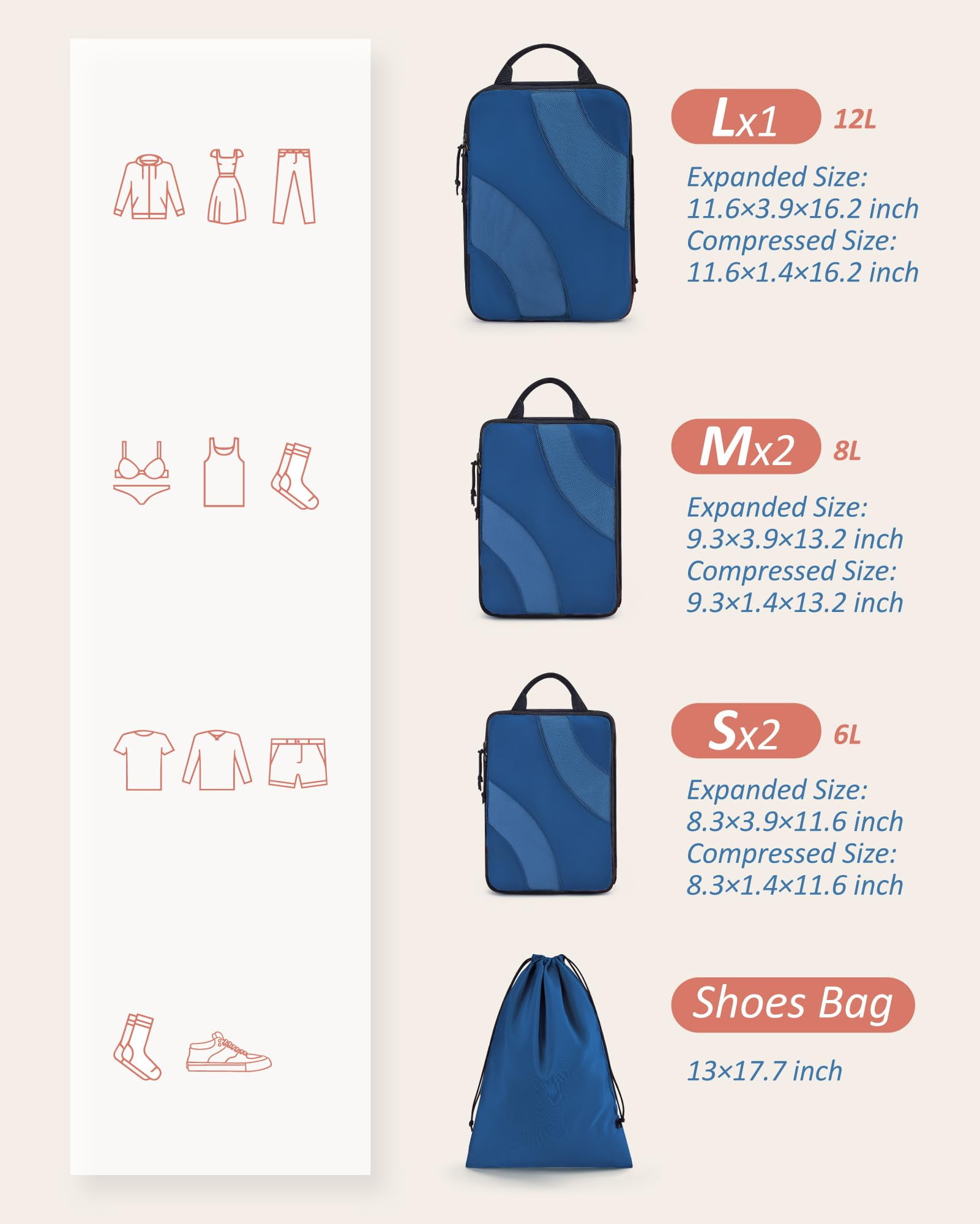 BAGSMART Compression Packing Cubes for Luggage, 6 Piece Travel Packing Organizers Set, Expandable Foldable Lightweight Suitcase Storage Bags for Travel Accessories Essentials, Classic Blue