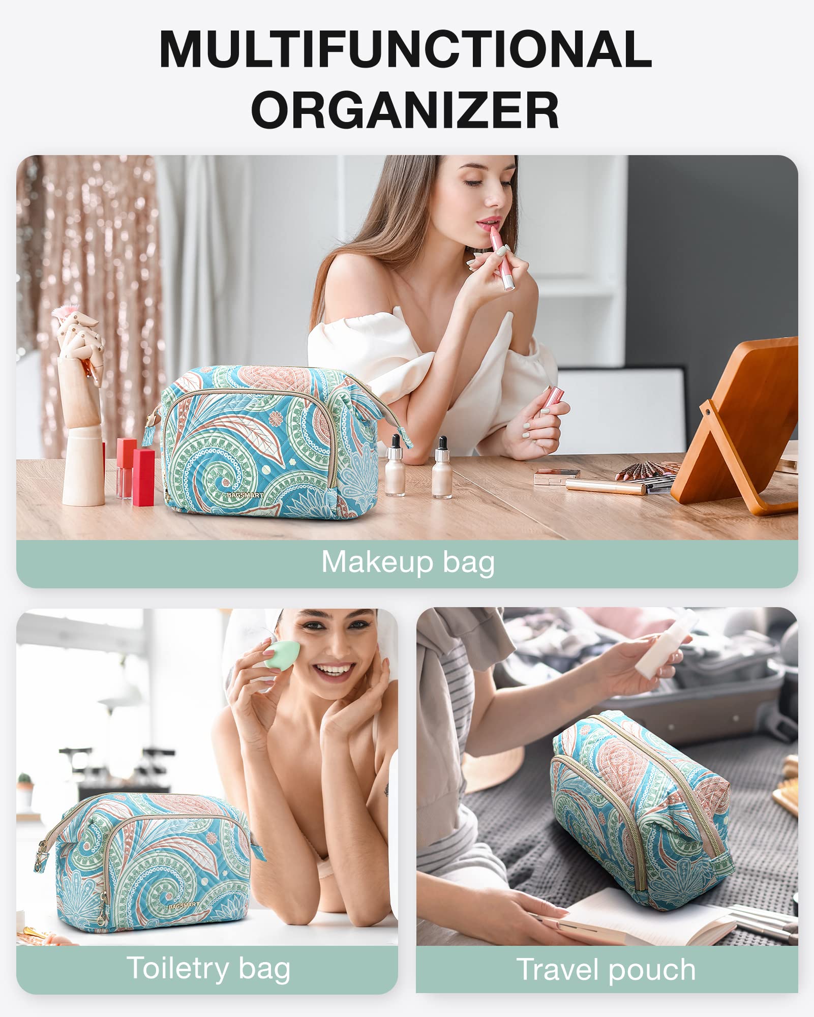 BAGSMART Large Size Makeup Bag Cosmetic Pouch, Travel Toiletry Bag Organizer Case for Lipsticks Electonic Accessories, Waterproof, Portable, Multifunction, Women and Girls, Paisley Blue