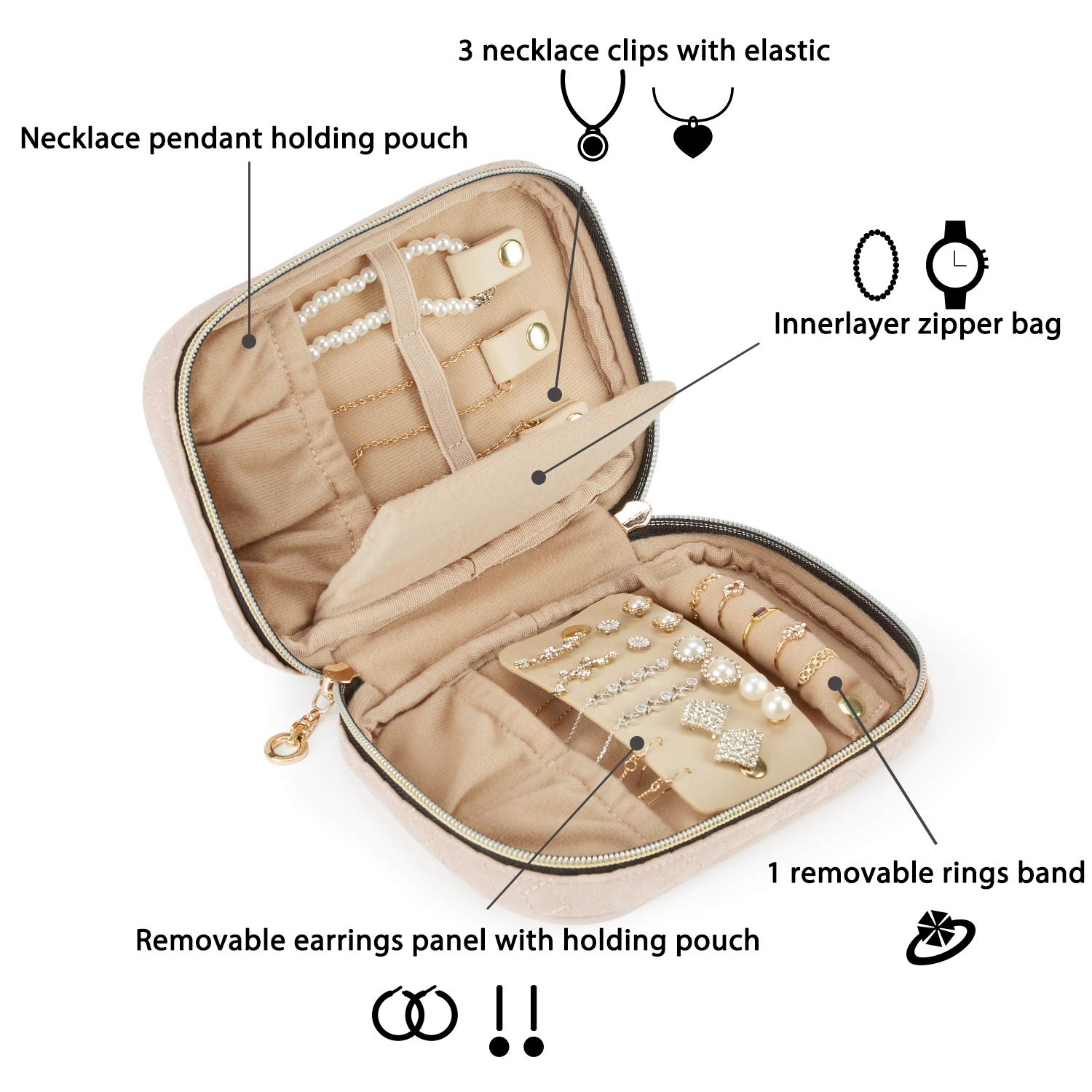 BAGSMART Jewelry Organizer Case Box Travel Jewelry Storage Bag for Earrings, Journey-Rings, Necklaces, Bracelets, Brooches, Basic Size, Soft Pink