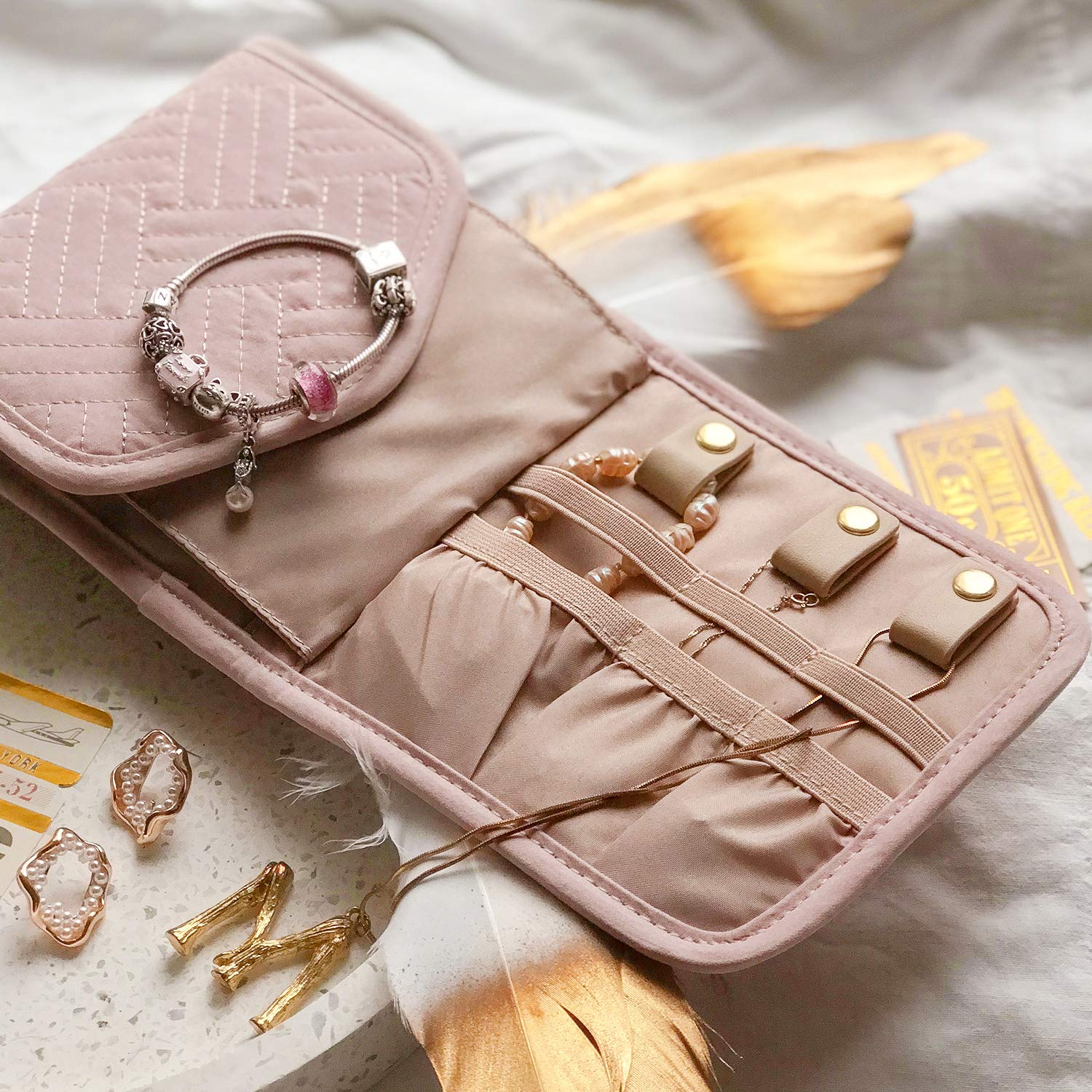 BAGSMART Travel Jewelry Organizer Storage Roll Foldable Jewelry Case Bag for Earrings, Journey-Rings, Necklaces, Bracelets, Brooches, Basic Size, Teal