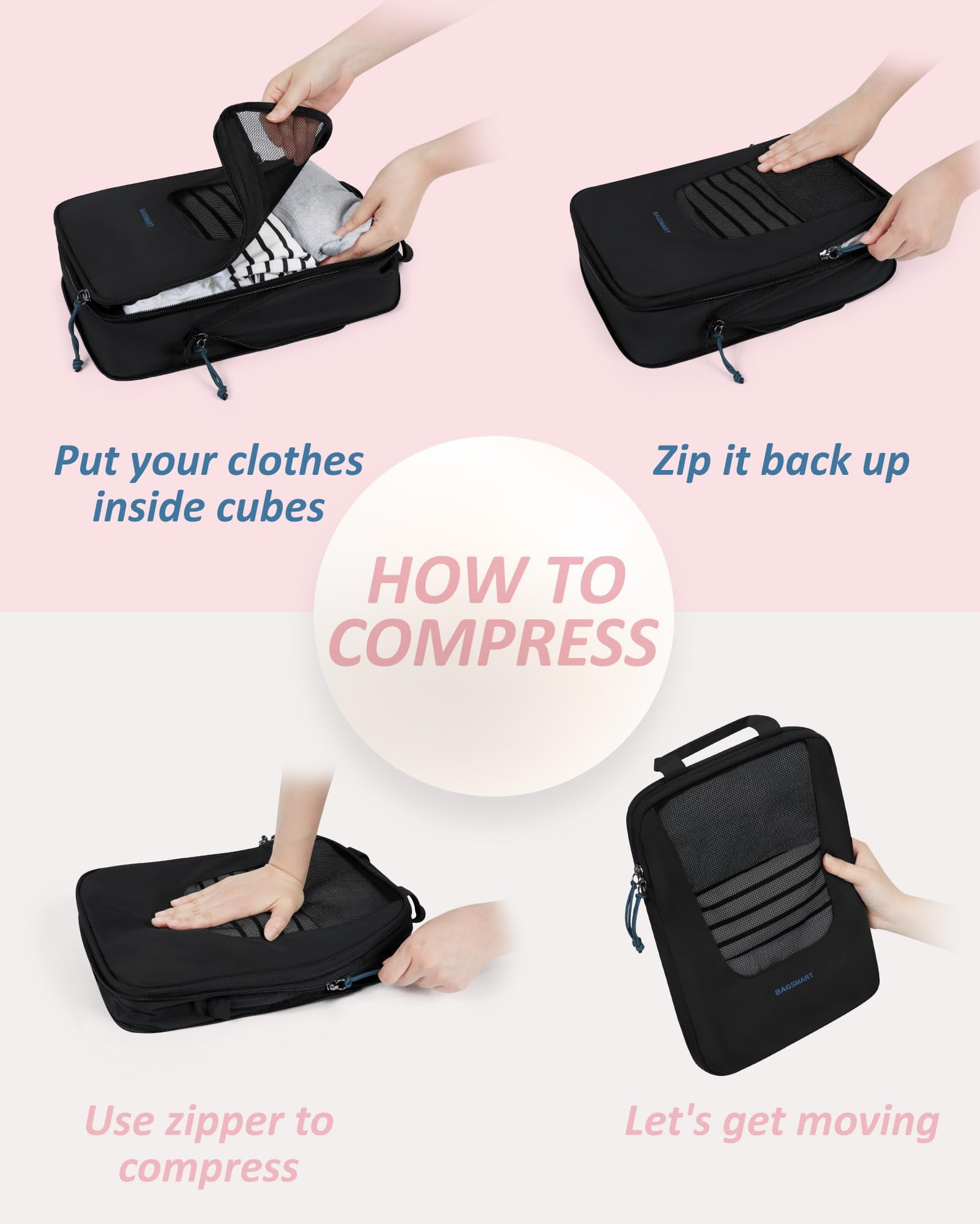 BAGSMART Compression Packing Cubes for Travel Luggage, 6 Piece Expandable Foldable Lightweight Suitcase Organizers Bags Set for Travel Accessories Essentials, Black