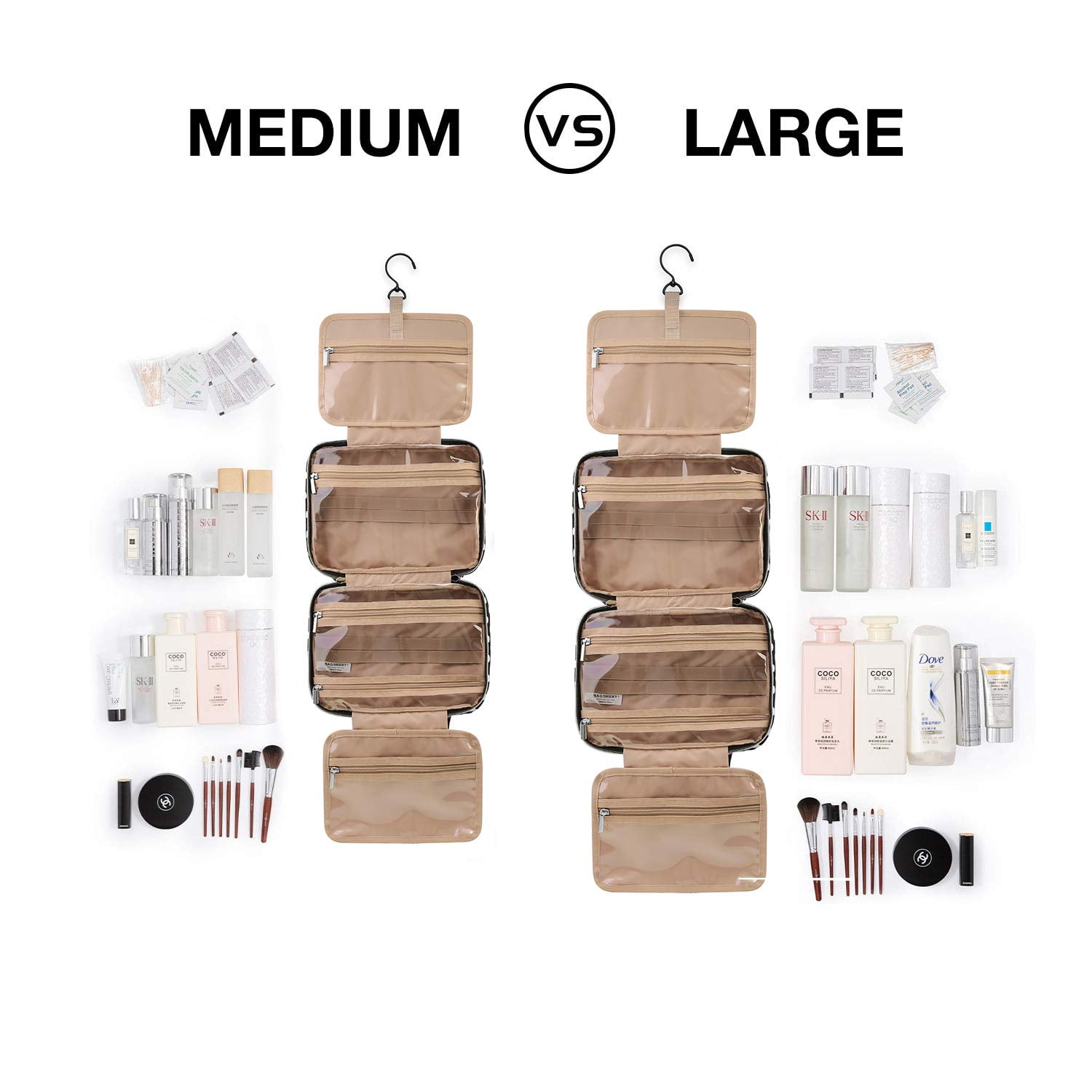 BAGSMART Large Toiletry Bag Travel Bag with Hanging Hook, Makeup Cosmetic Bag Travel Toiletries Organizer for Women Men, Water-resistant Full Sized Container, Black White Dots