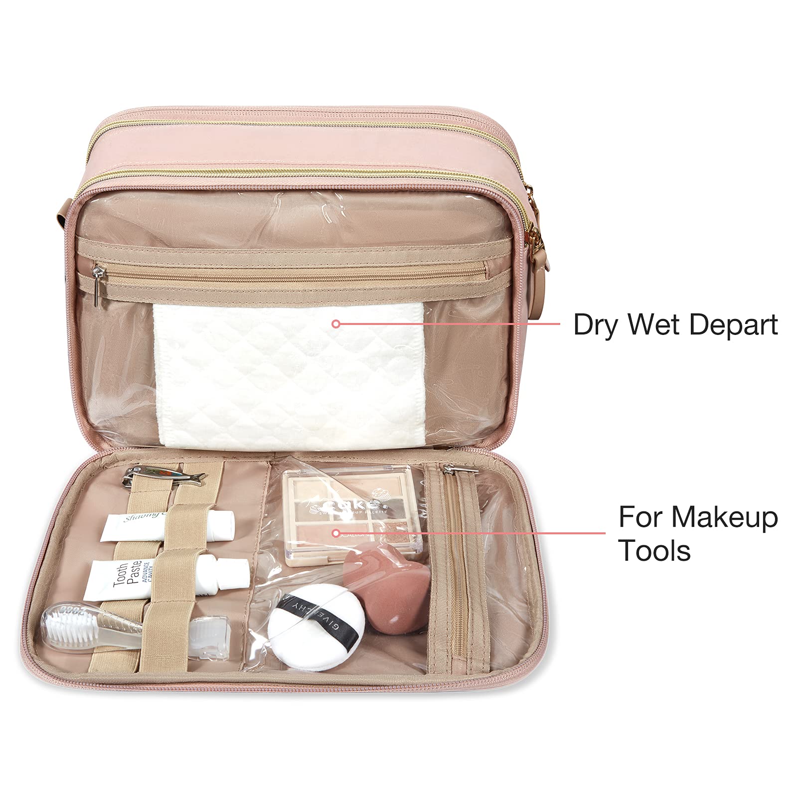 BAGSMART Large Travel Toiletry Bag Organizer, Water-resistant Makeup Cosmetic Bag for Toiletries Accessories Essentials, Shampoo, Full Sized Container, Women & Men, Medium-Pink