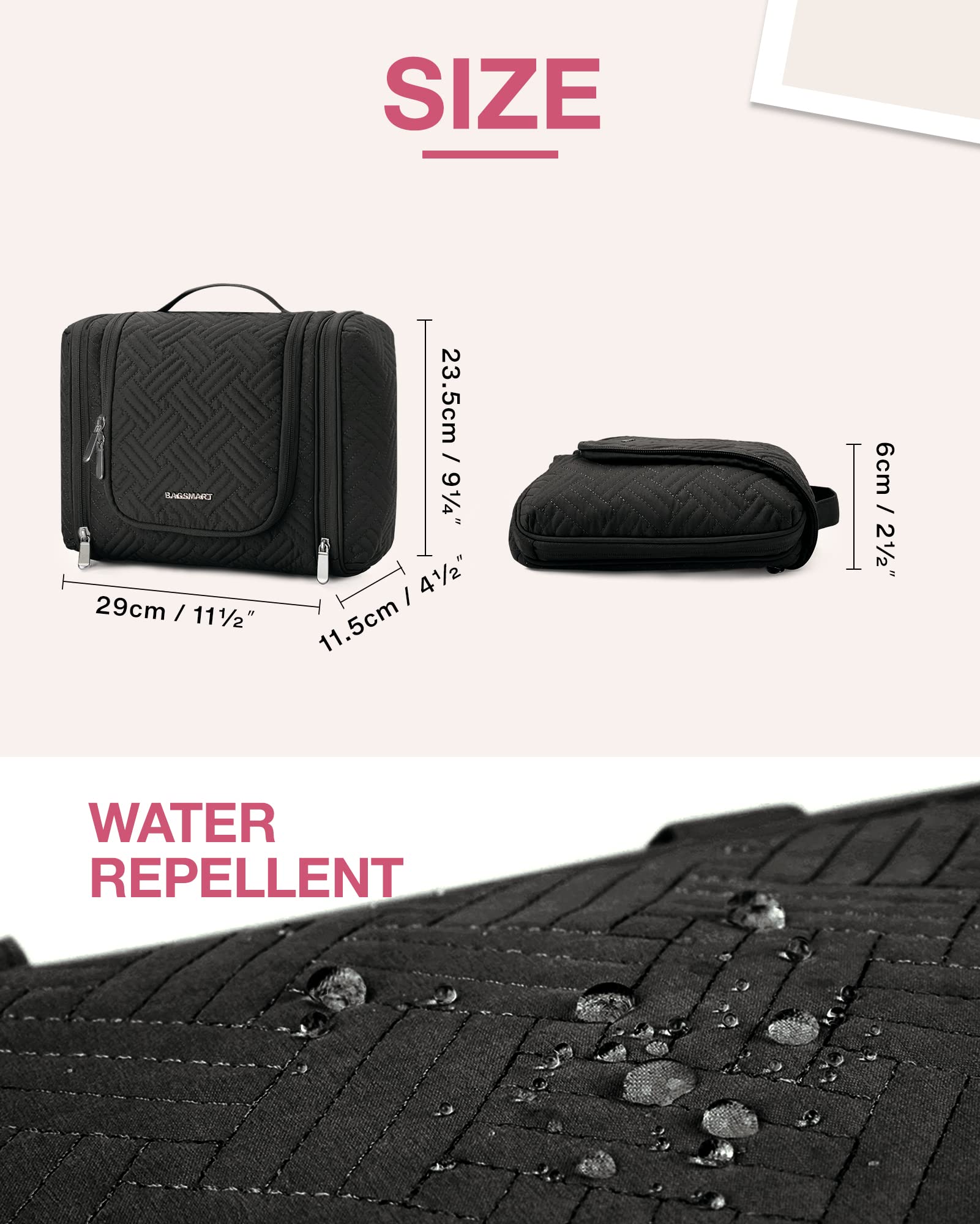 BAGSMART Full Sized Travel Toiletry Bag, Water-resistant Cosmetic Makeup Bag with Hanging Hook, Large Capacity Travel Toiletries Organizer Accessories Essentials for Women & Men, Black