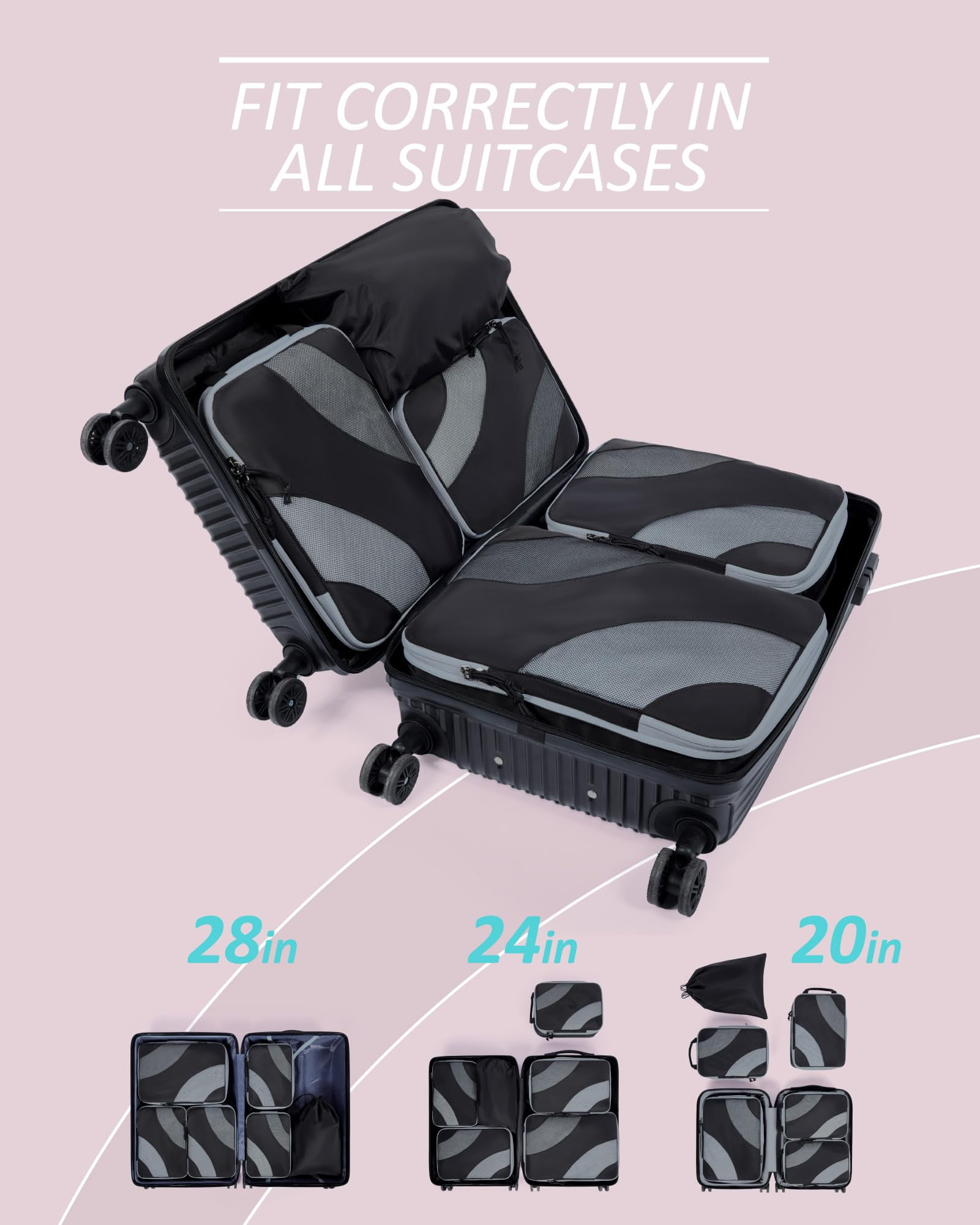 BAGSMART Compression Packing Cubes for Luggage, 6 Piece Travel Packing Organizers Set, Expandable Foldable Lightweight Suitcase Storage Bags for Travel Accessories Essentials, Black