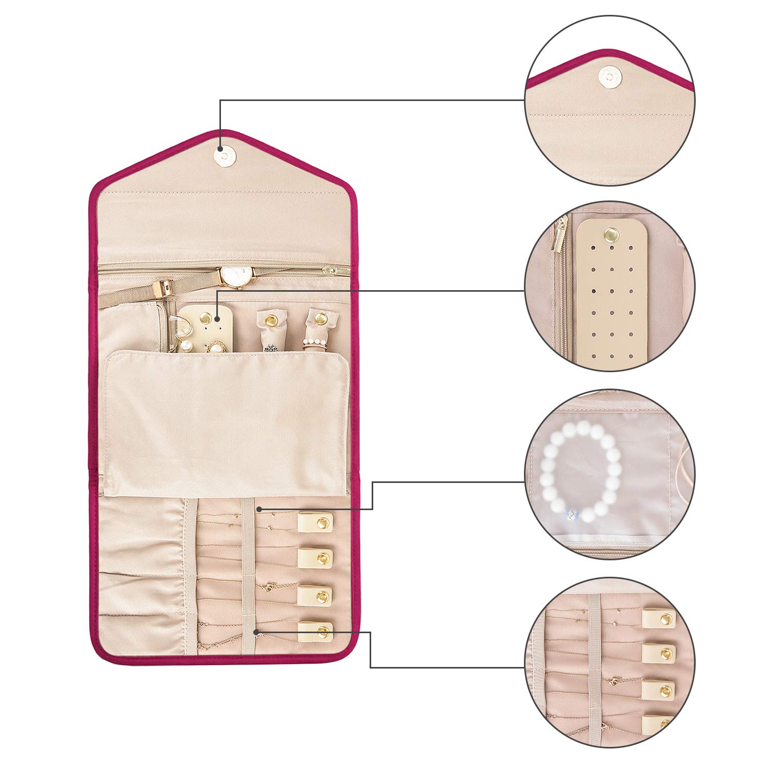 BAGSMART Travel Jewelry Organizer Storage Roll Foldable Jewelry Case Bag for Earrings, Journey-Rings, Necklaces, Bracelets, Brooches, Medium Size, Rose