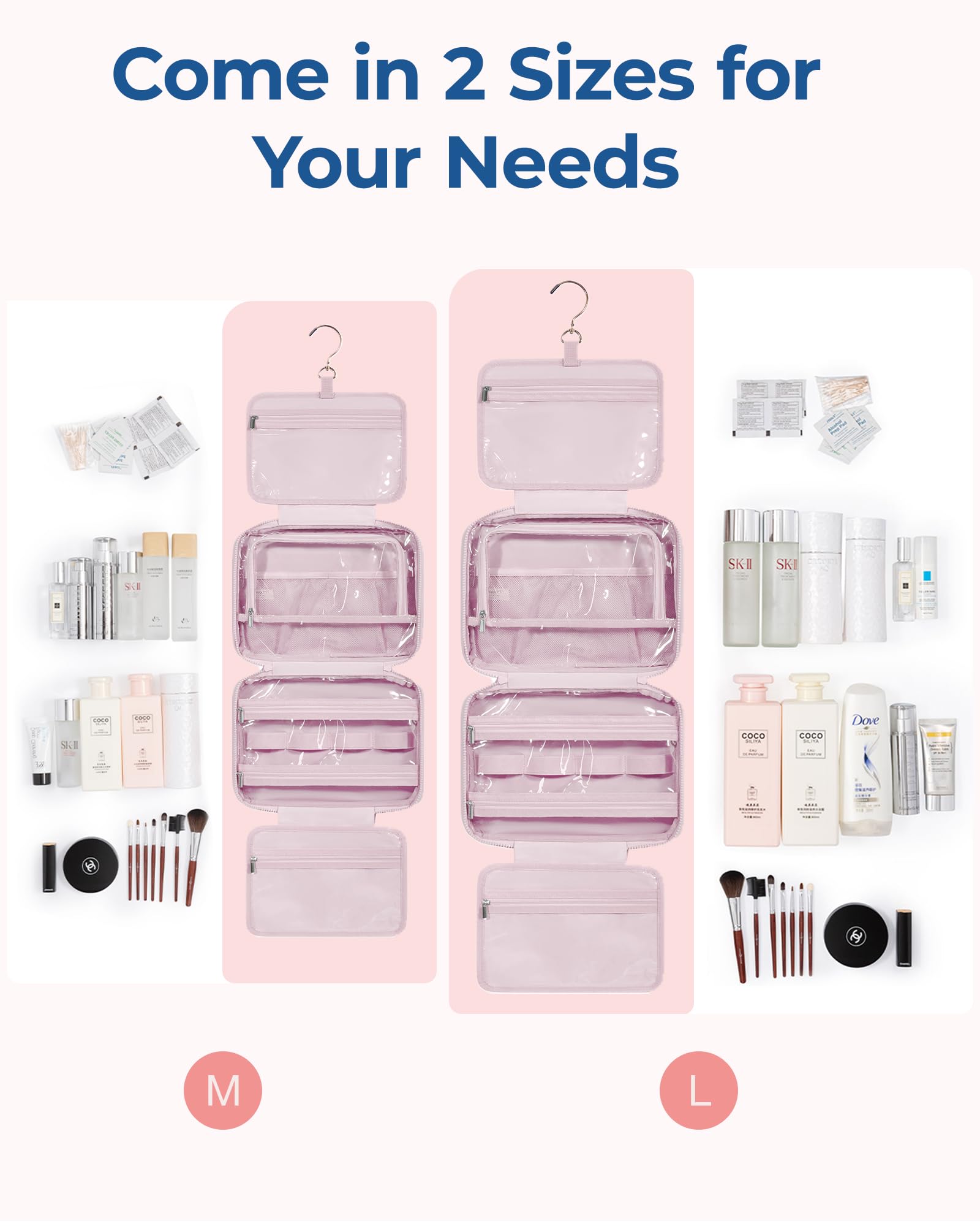 BAGSMART Travel Toiletry Bag with Jewelry Organizer, Puffy Makeup Cosmetic Bag with Hanging Hook for Toiletries Accessories Essentials, Women & Men, Large Size-Pink