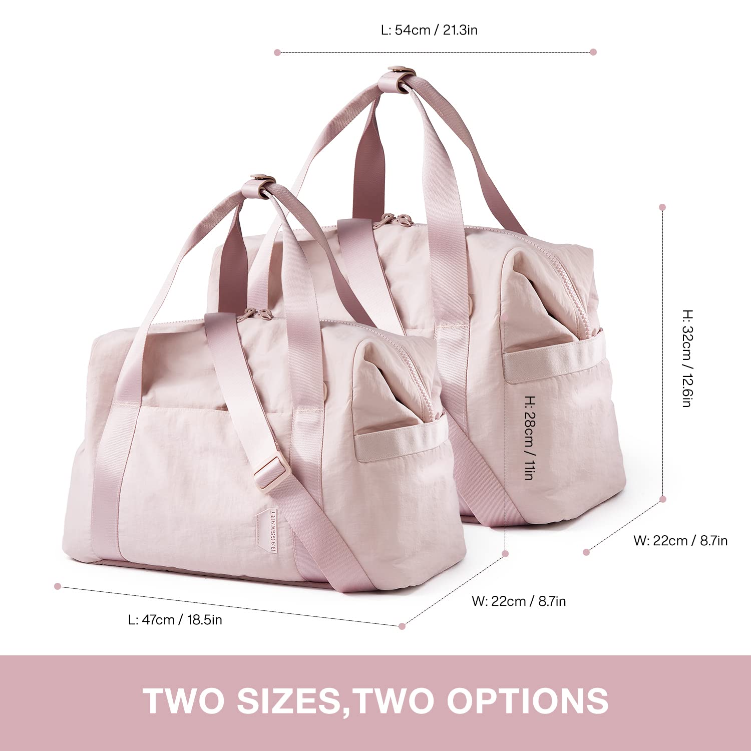 BAGSMART Travel Duffel Bag, Gym Tote Bag for Women & Men, Weekender Carry on Overnight Bag, Large Tote Bag Shoulder Handbag with Yoga Mat Buckle & Trolley Sleeve, 30L, Pink