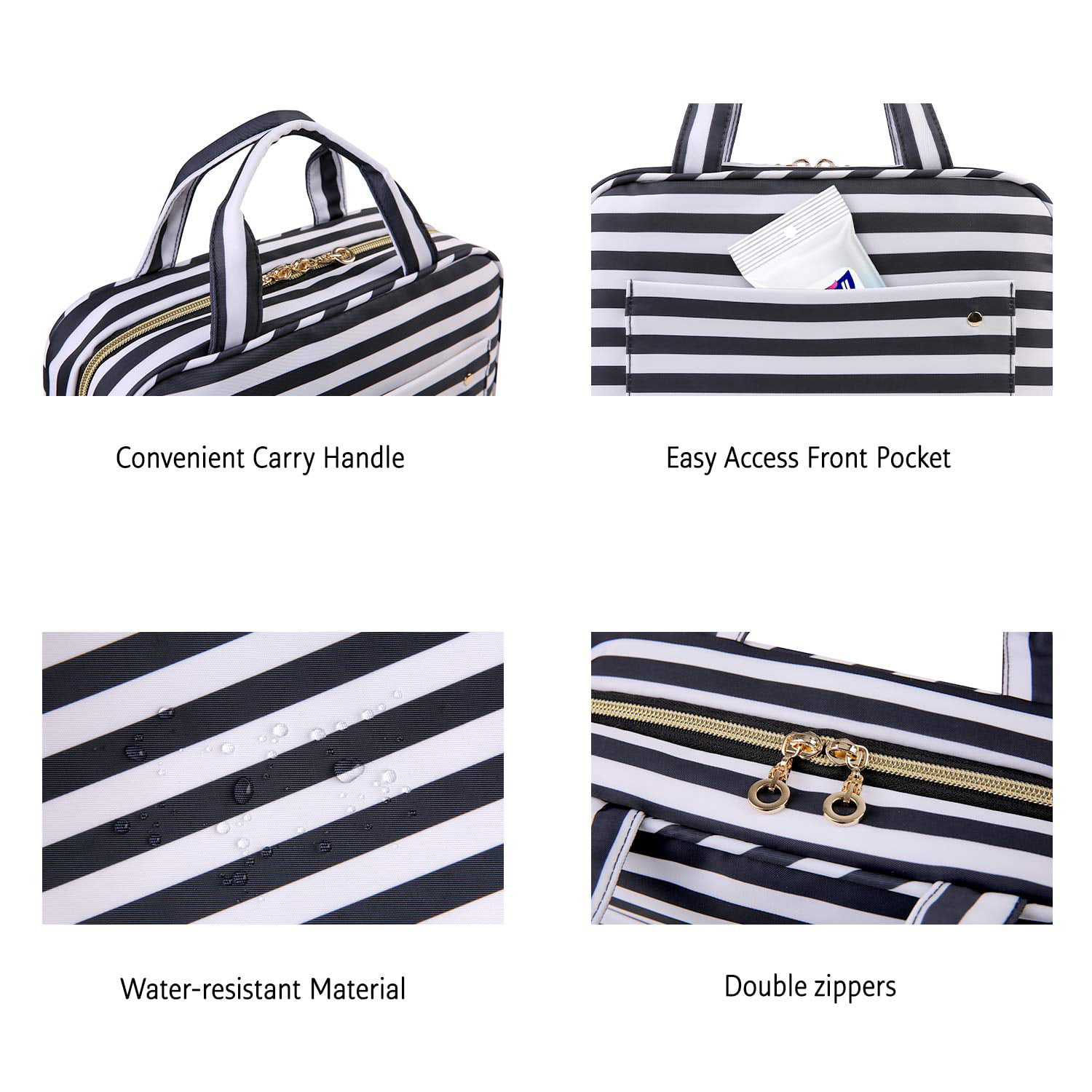 BAGSMART Full Size Toiletry Bag, Makeup Cosmetic Bag with Hanging Hook, Water-resistant Travel Organizer Bag for Women & Men, Black White Stripes
