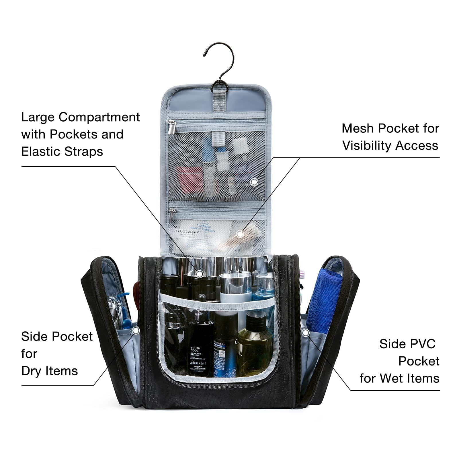 BAGSMART Extra Large Toiletry Bag Hanging Travel Makeup Cosmetic Bag, Water-resistant Large Capacity Travel Toiletries Organizer for Essentials, Women & Men, Medium Size-Black