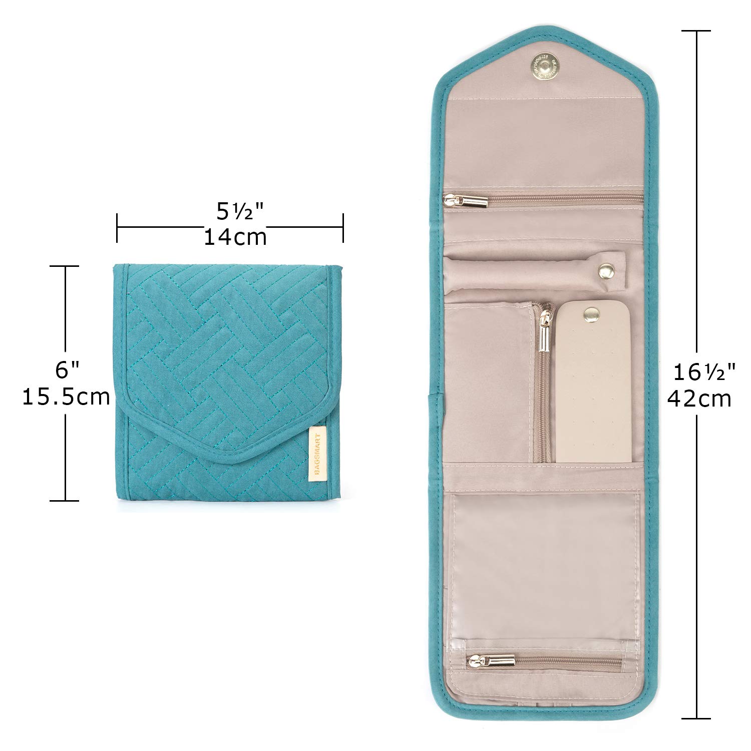 BAGSMART Travel Jewelry Organizer Storage Roll Foldable Jewelry Case Bag for Earrings, Journey-Rings, Necklaces, Bracelets, Brooches, Basic Size, Teal