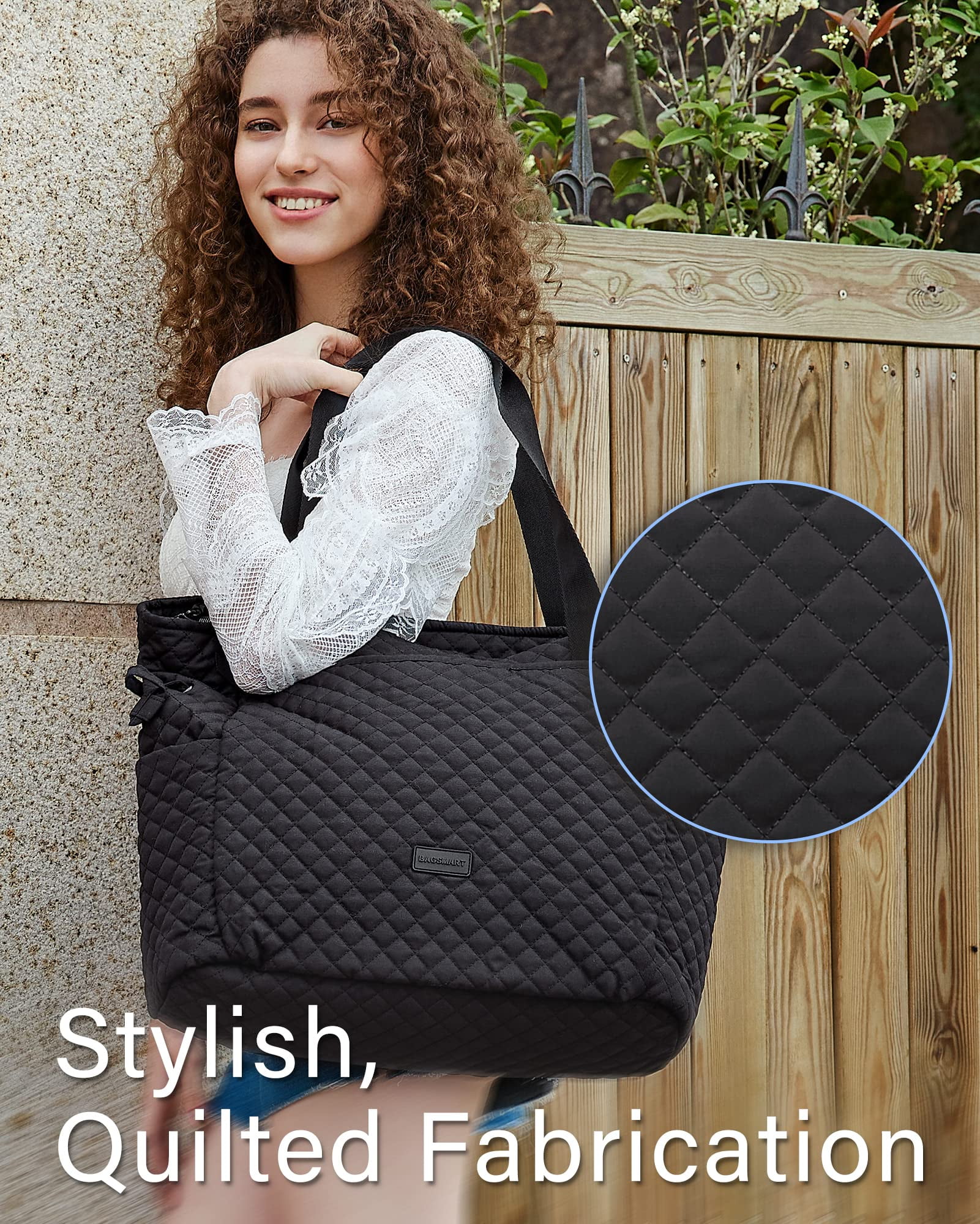 BAGSMART Large Tote Bag for Women, Fashion Shoulder Handbags Top Handle Ladies Purses, 25L Satchel Hobo Bag with Zipper for Work School Travel, Weekender Overnight Duffle Bag, Black