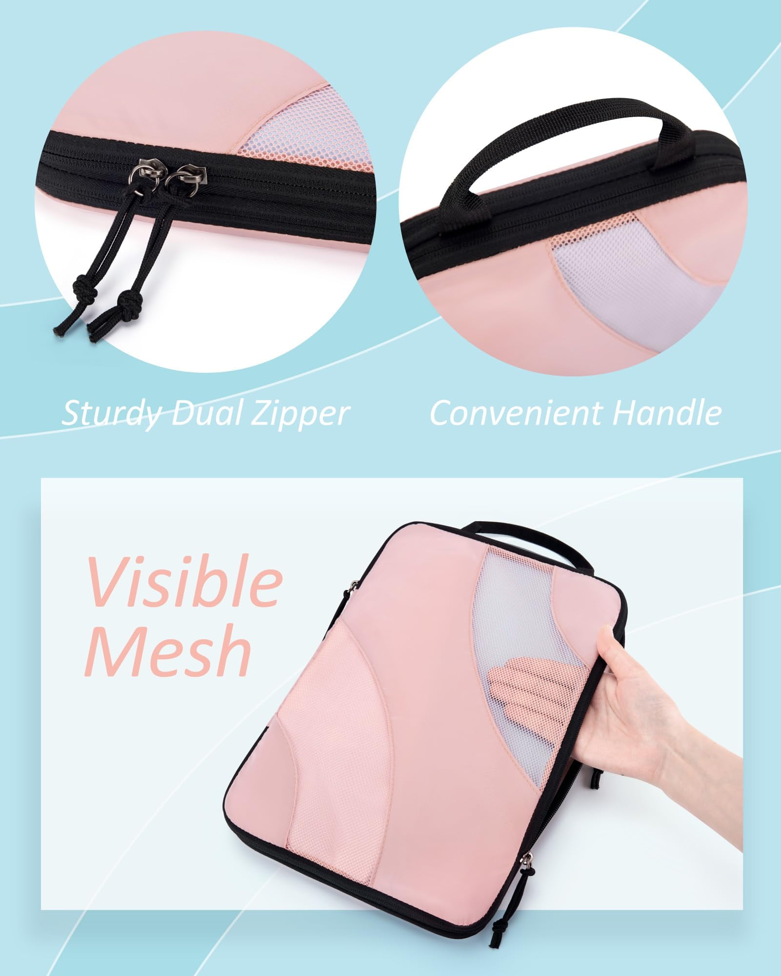 BAGSMART Compression Packing Cubes for Luggage, 6 Piece Travel Packing Organizers Set, Expandable Foldable Lightweight Suitcase Storage Bags for Travel Accessories Essentials, Baby Pink