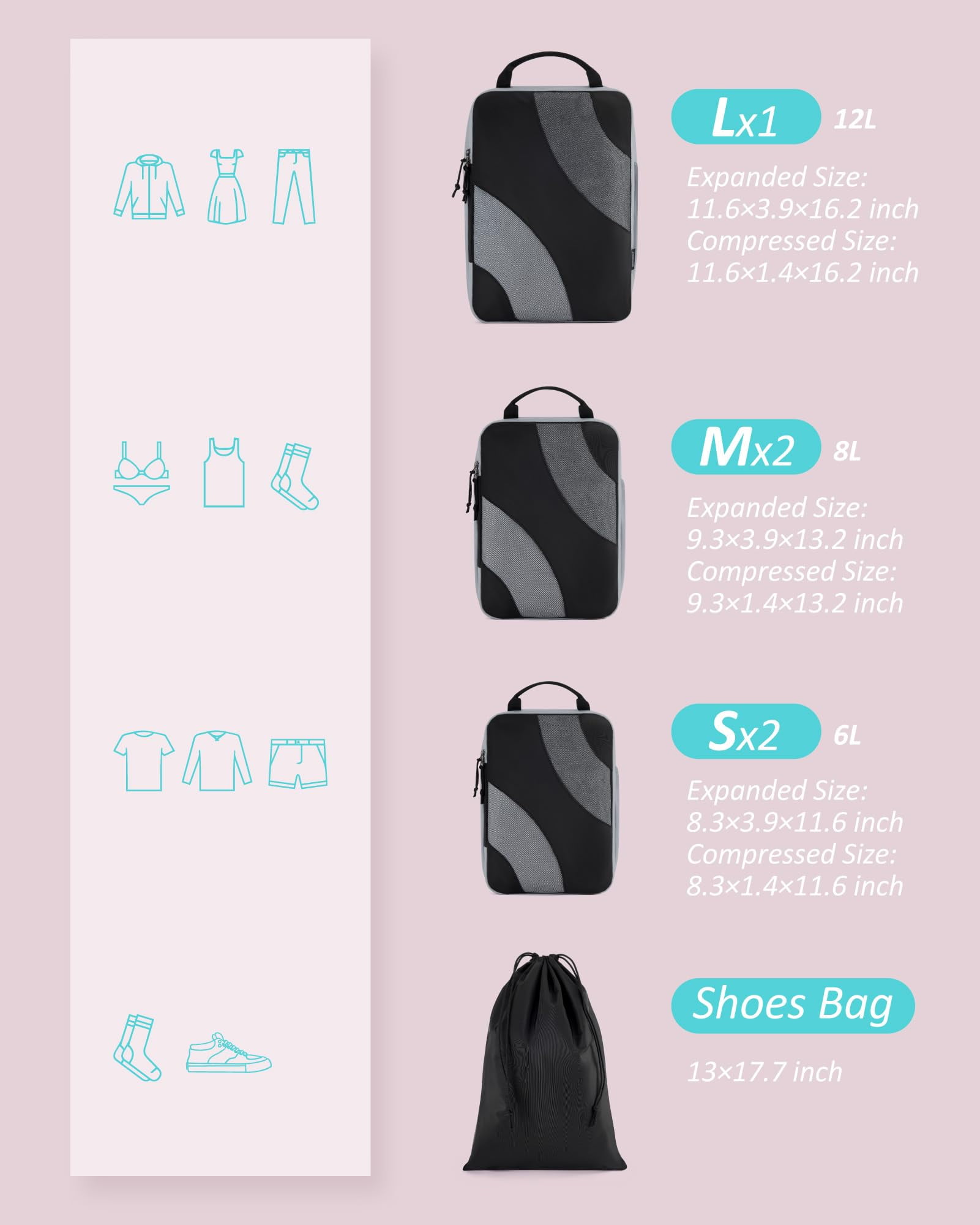 BAGSMART Compression Packing Cubes for Luggage, 6 Piece Travel Packing Organizers Set, Expandable Foldable Lightweight Suitcase Storage Bags for Travel Accessories Essentials, Black