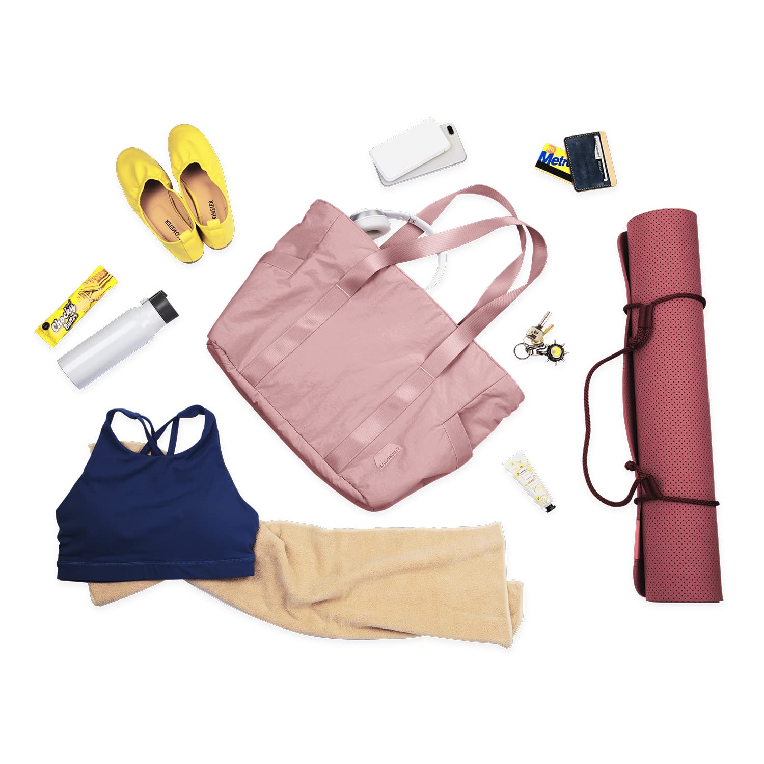 BAGSMART Tote Bag for Women Shoulder Handbags Yoga Mat Bag, Travel Duffel Bag Gym Bag Weekender Overnight Bag for Sports School Work, Multipurpose, Dark Pink