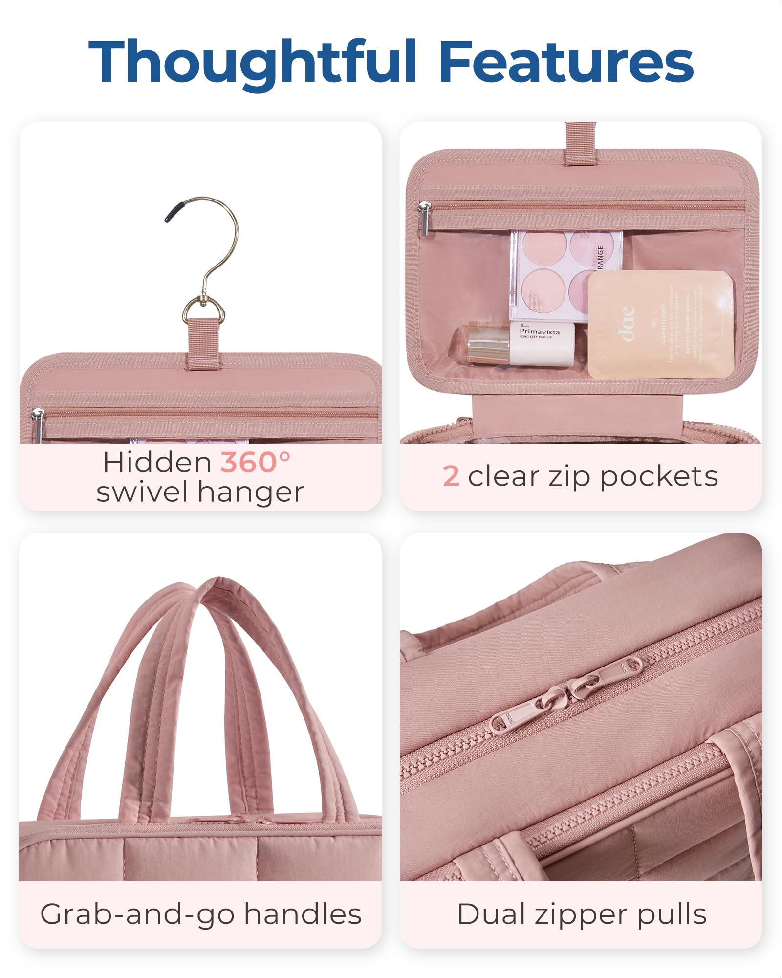 BAGSMART Travel Toiletry Bag with Jewelry Organizer, Puffy Makeup Cosmetic Bag with Hanging Hook for Toiletries Accessories Essentials, Women & Men, Medium Size-Dark Pink