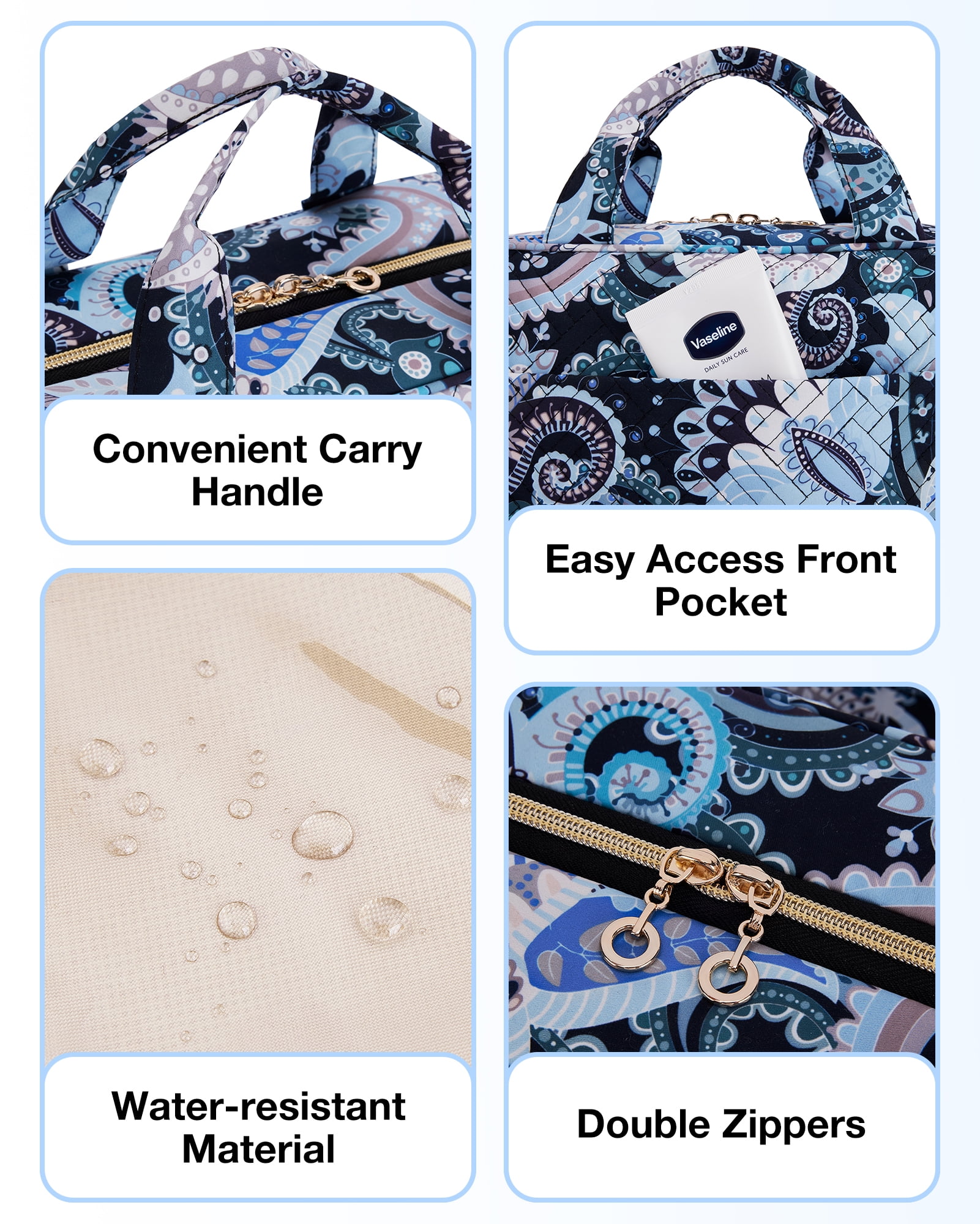 BAGSMART Large Toiletry Bag Travel Bag with Hanging Hook, Makeup Cosmetic Bag Travel Toiletries Organizer for Women Men, Water-resistant Full Sized Container, Blue Paisley