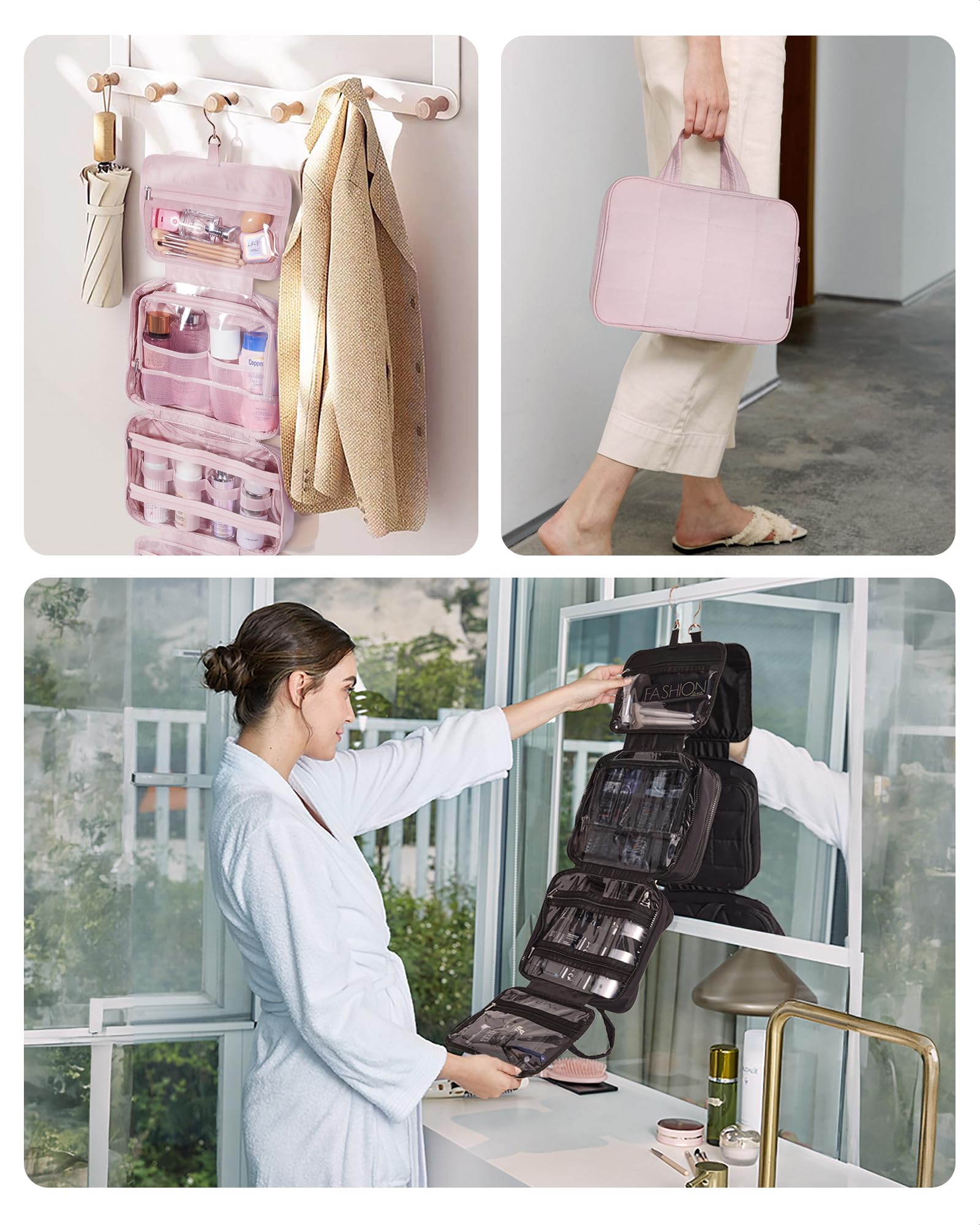 BAGSMART Travel Toiletry Bag with Jewelry Organizer, Puffy Makeup Cosmetic Bag with Hanging Hook for Toiletries Accessories Essentials, Women & Men, Medium Size-Light Blue