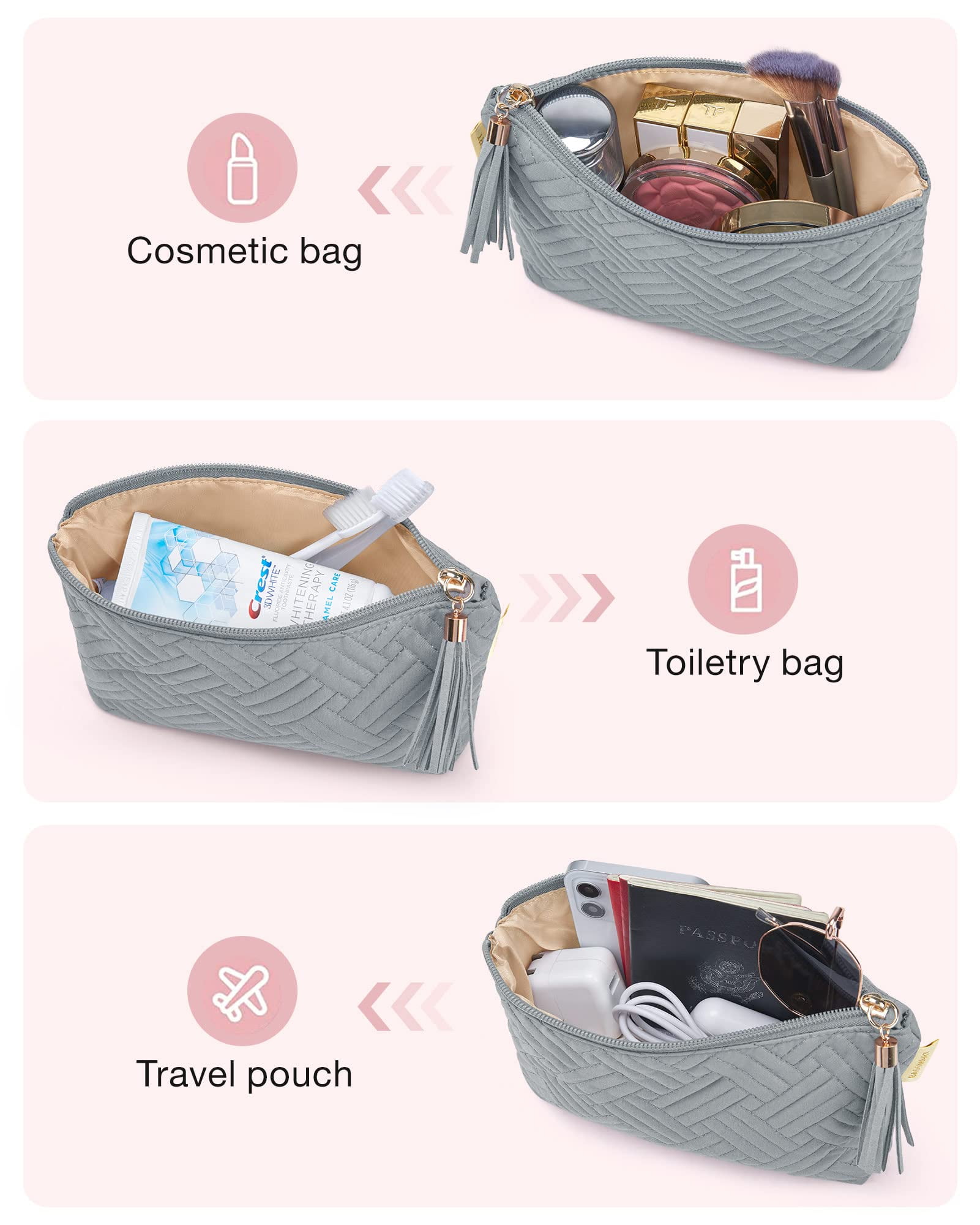 BAGSMART Makeup Bag Small Cosmetic Pouch Toiletry Bag Travel Organizer Case for Lipsticks Electonic Accessories, Waterproof, Portable, Multifunction, Women and Girls, 1 Pcs Gray