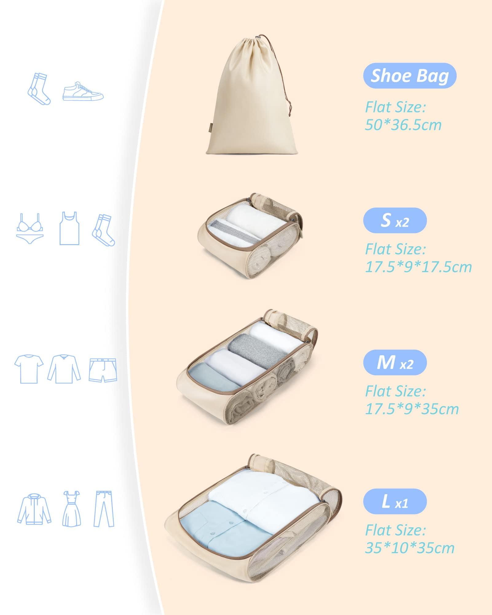 BAGSMART Packing Cubes for Luggage, 7 Set Keep Shape Travel Packing Organizers, Lightweight Suitcase Storage Bags for Travel Accessories with Shoe Bag for Women Men, White Opal