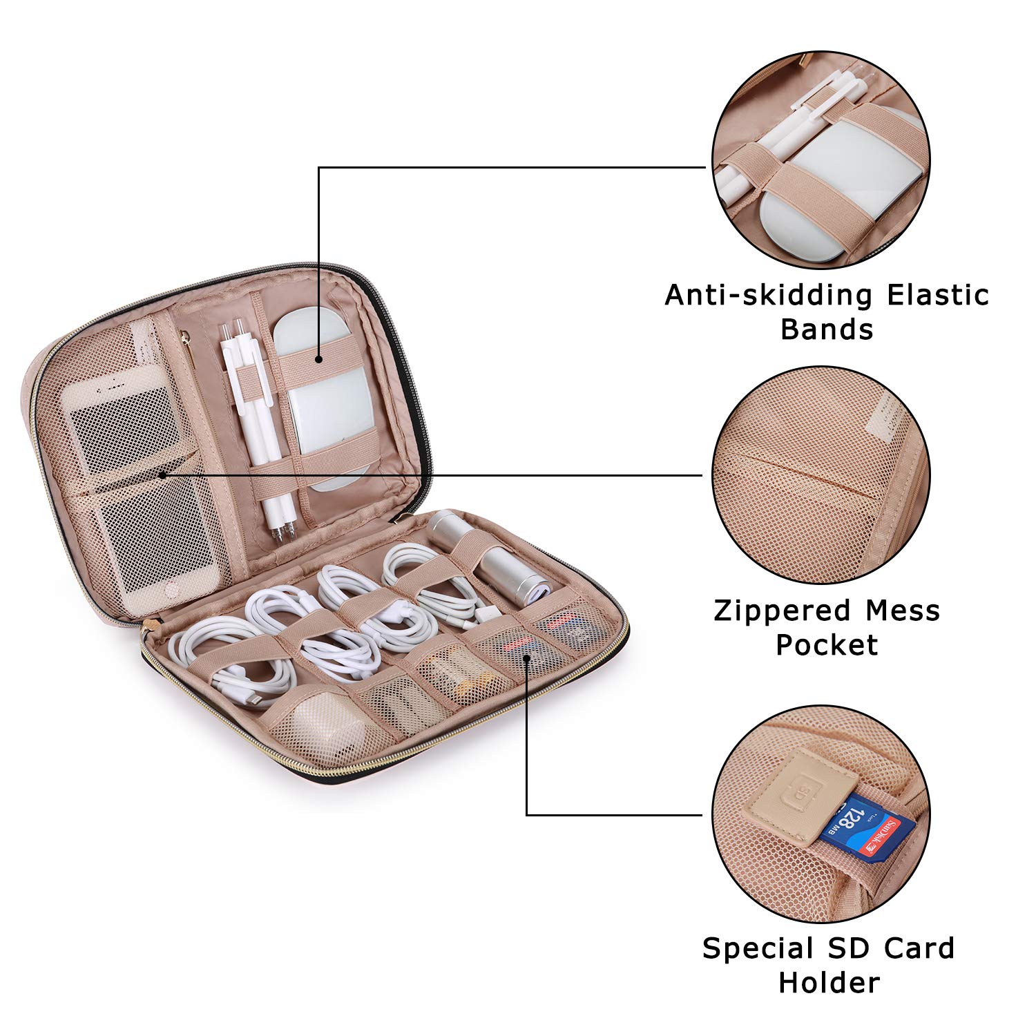 BAGSMART Travel Cable Organizer Bag Electronics Organizer Case, Waterproof Undeformable Portable Cable Storage Pouch for Electronics Accessories, Phone, Hard Drives, Cord, Charger, USB, SD Card, Pink