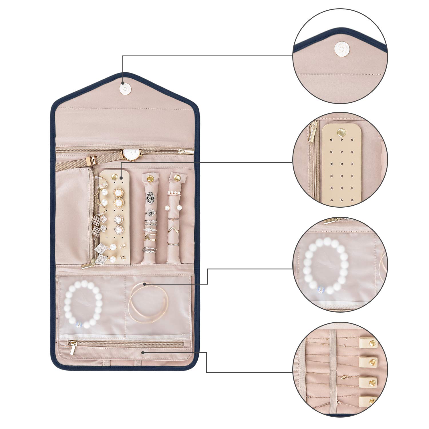 BAGSMART Travel Jewelry Organizer Storage Roll Foldable Jewelry Case Bag for Earrings, Journey-Rings, Necklaces, Bracelets, Brooches, Medium Size, Smokey Blue