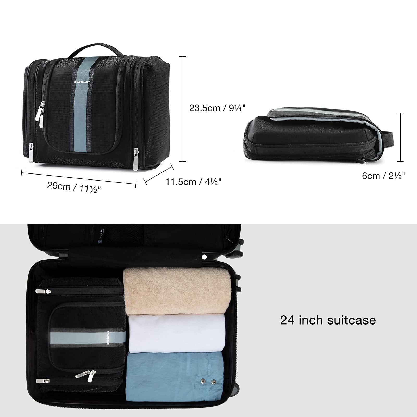 BAGSMART Extra Large Toiletry Bag Hanging Travel Makeup Cosmetic Bag, Water-resistant Large Capacity Travel Toiletries Organizer for Essentials, Women & Men, Medium Size-Black