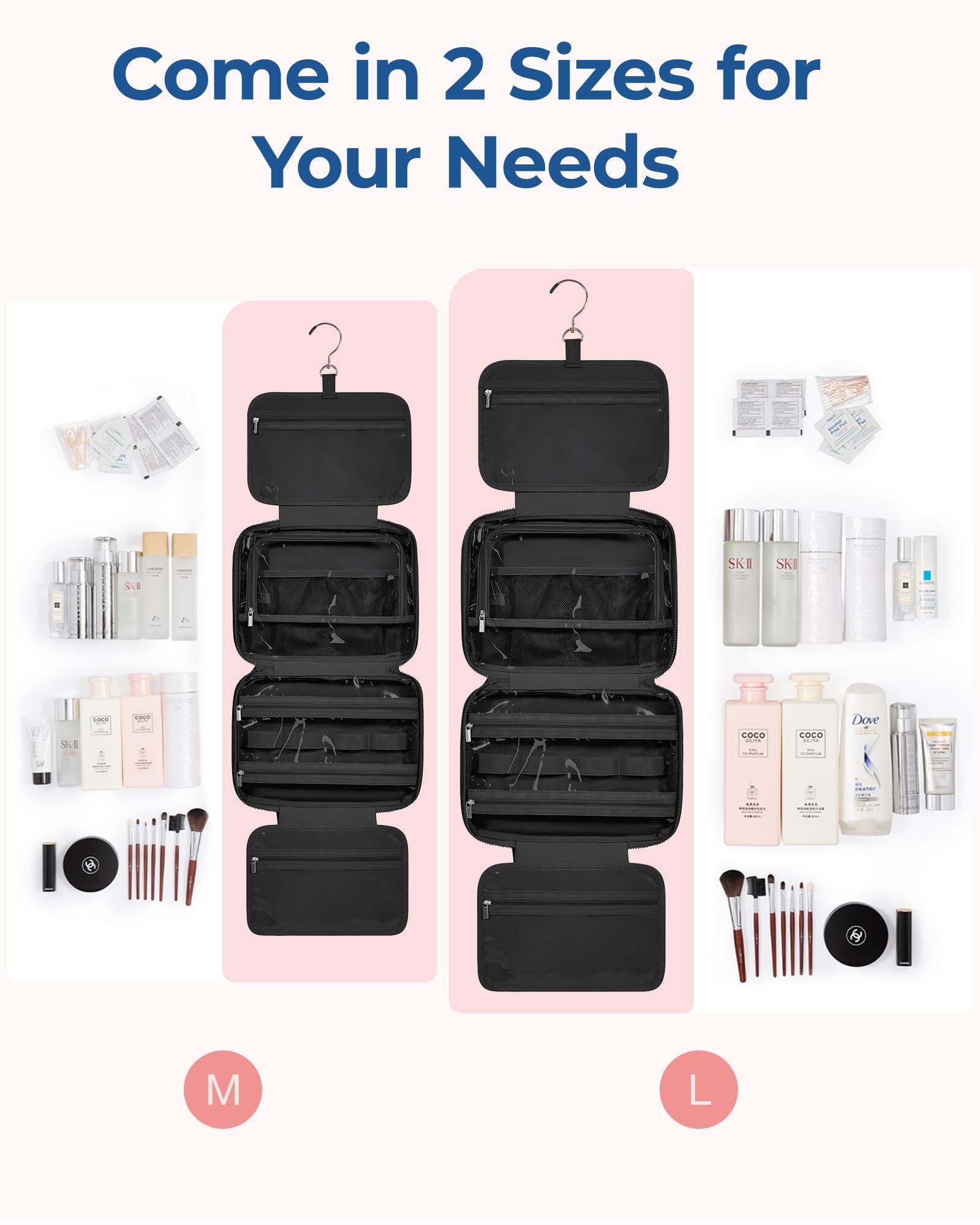 BAGSMART Travel Toiletry Bag with Jewelry Organizer, Puffy Makeup Cosmetic Bag with Hanging Hook for Toiletries Accessories Essentials, Women & Men, Medium Size-Black