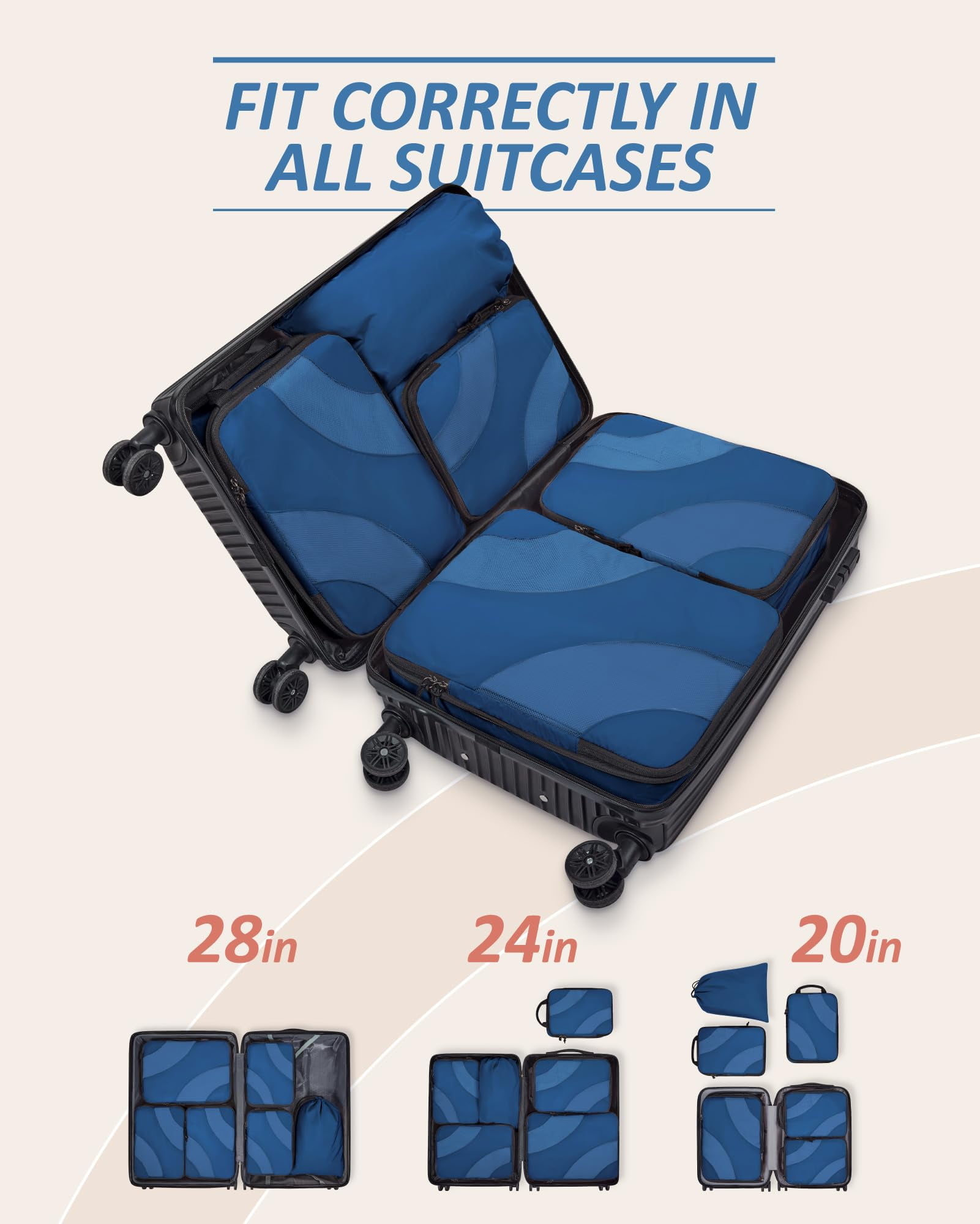 BAGSMART Compression Packing Cubes for Luggage, 6 Piece Travel Packing Organizers Set, Expandable Foldable Lightweight Suitcase Storage Bags for Travel Accessories Essentials, Classic Blue