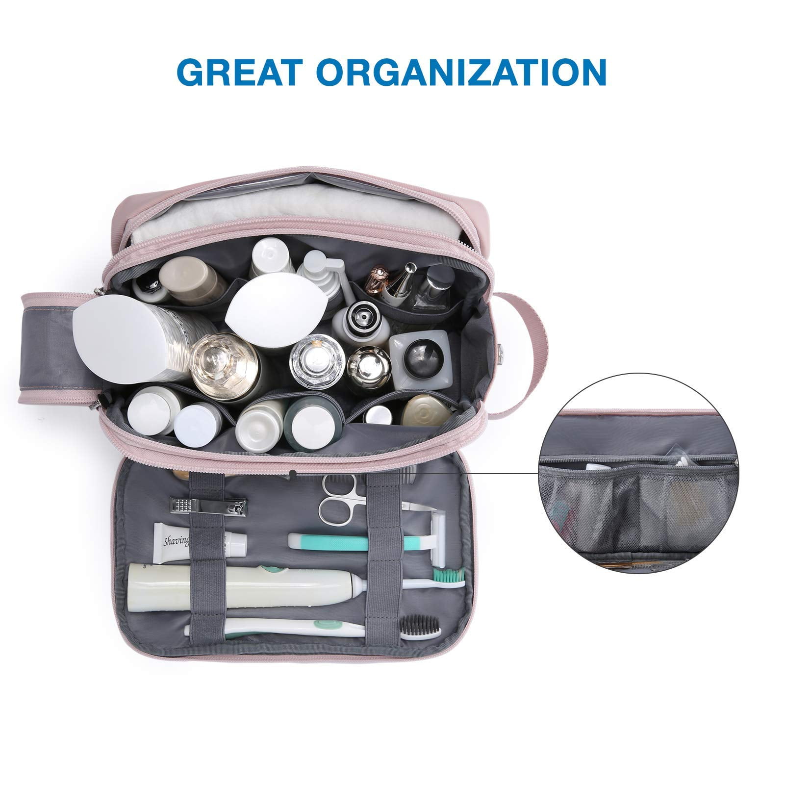 BAGSMART Travel Toiletry Bag for Women, Men Makeup Cosmetic Bag Water-resistant Organizer Shaving Bag for Toiletries Accessories, Standard Size, Pink