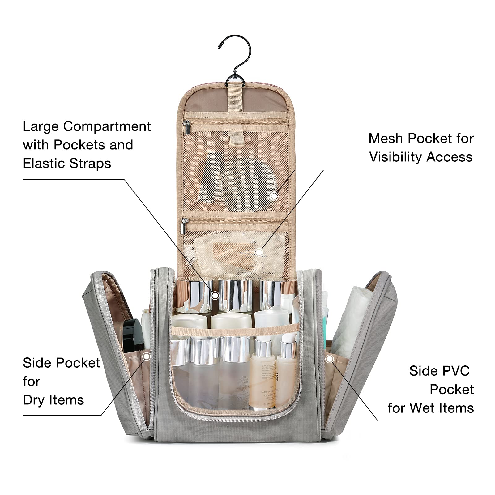 BAGSMART Extra Large Toiletry Bag Hanging Travel Makeup Cosmetic Bag, Water-resistant Large Capacity Travel Toiletries Organizer for Essentials, Women & Men, Medium Size-Gray