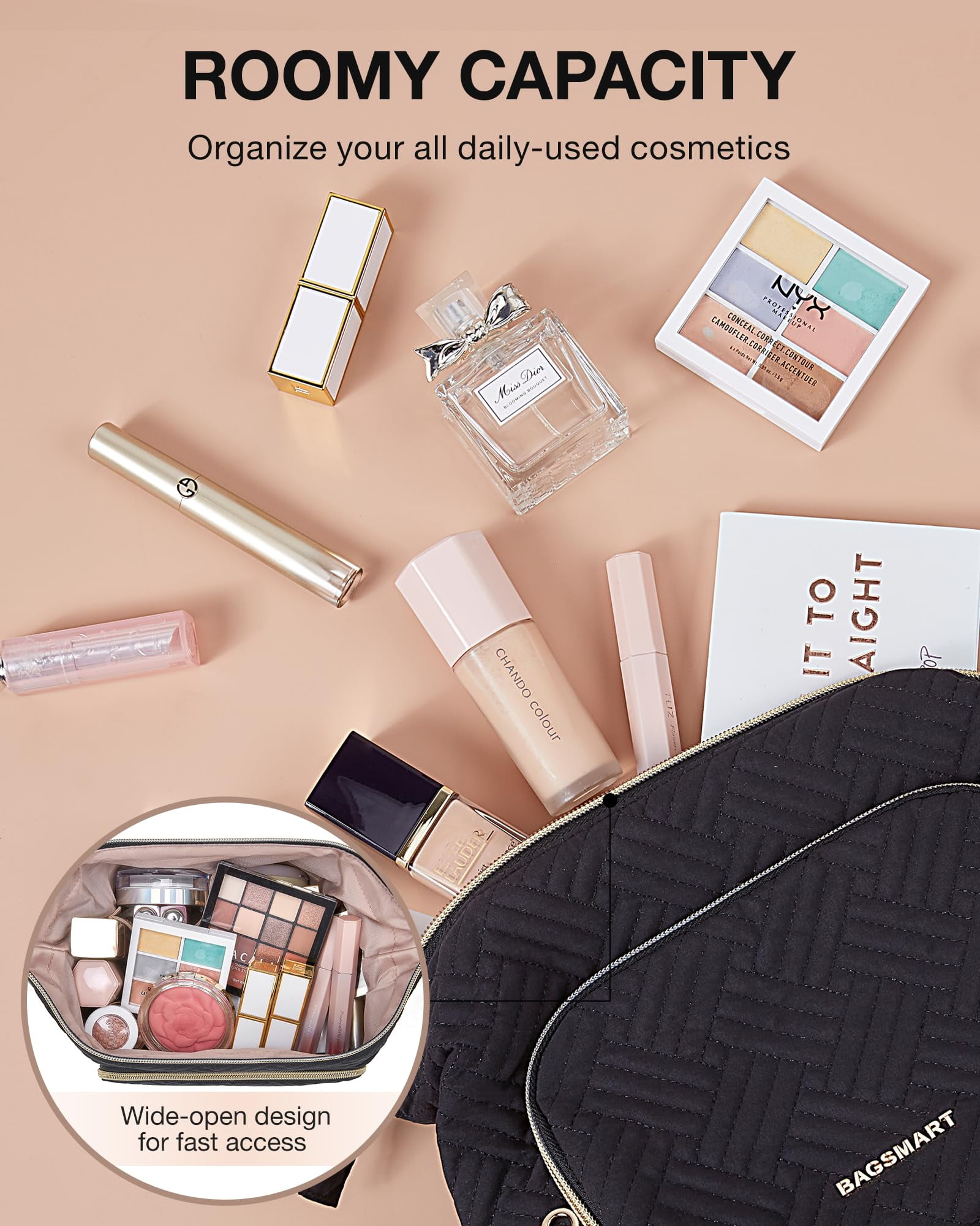 BAGSMART Makeup Bag Cosmetic Pouch, Large Capacity Travel Toiletry Bag Organizer Case for Lipsticks Electonic Accessories, Waterproof, Portable, Multifunction, Women and Girls, Basic-Black