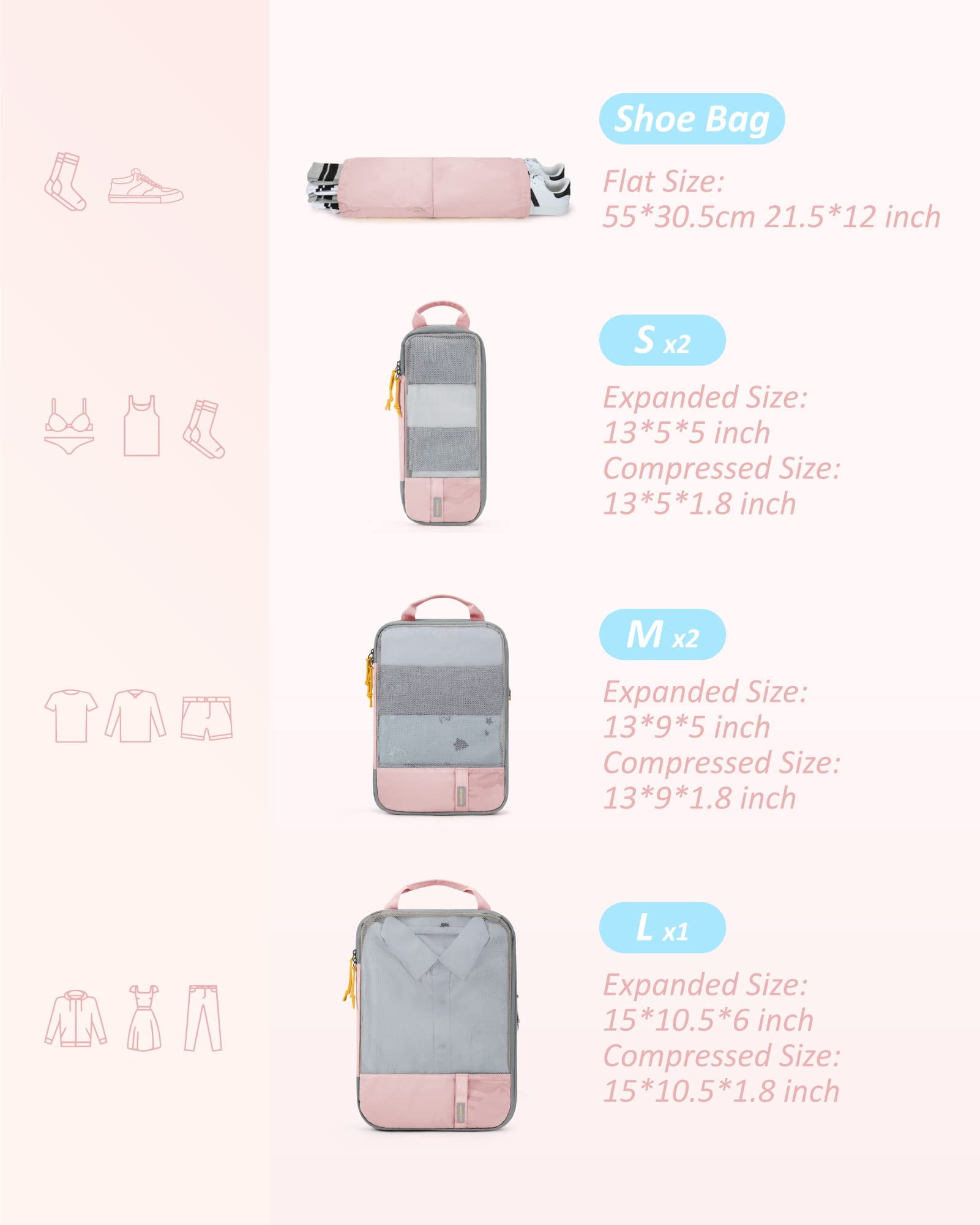 BAGSMART Compression Packing Cubes for Travel Luggage Organizers, 6 Set Expandable Foldable Lightweight Suitcase Storage Bags for Women Men, Travel Accessories Essentials, Baby Pink