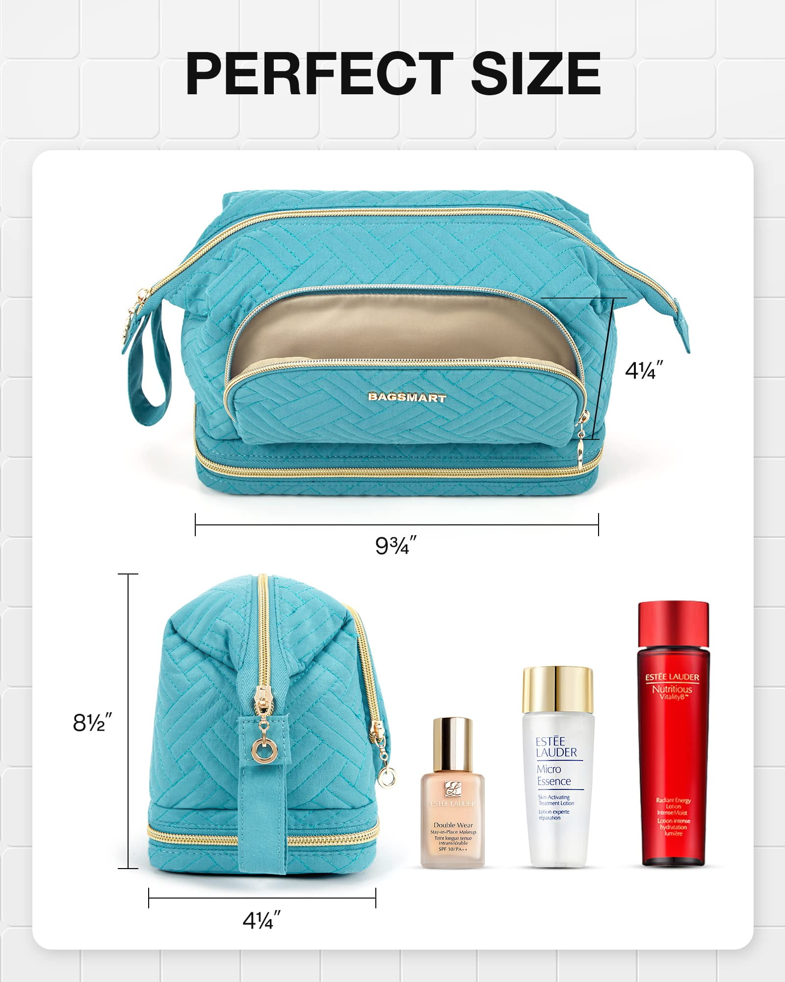 BAGSMART Double Layers Makeup Bag Cosmetic Pouch, Travel Toiletry Bag Organizer Case for Lipsticks Electonic Accessories, Waterproof, Portable, Multifunction, Women and Girls, Blue