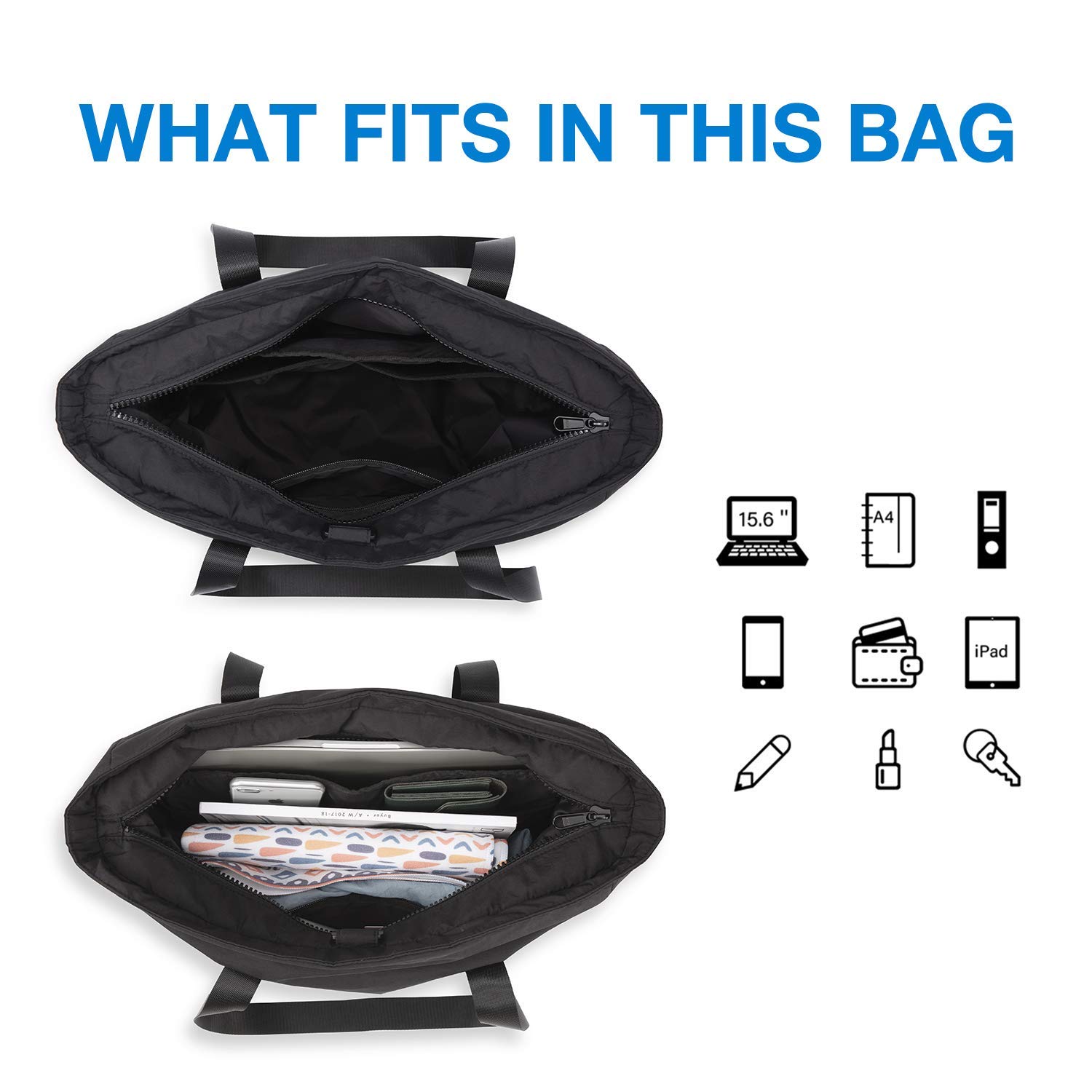 BAGSMART Tote Bag for Women Shoulder Handbags Yoga Mat Bag, Travel Duffel Bag Gym Bag Weekender Overnight Bag for Sports School Work, Multipurpose, Black