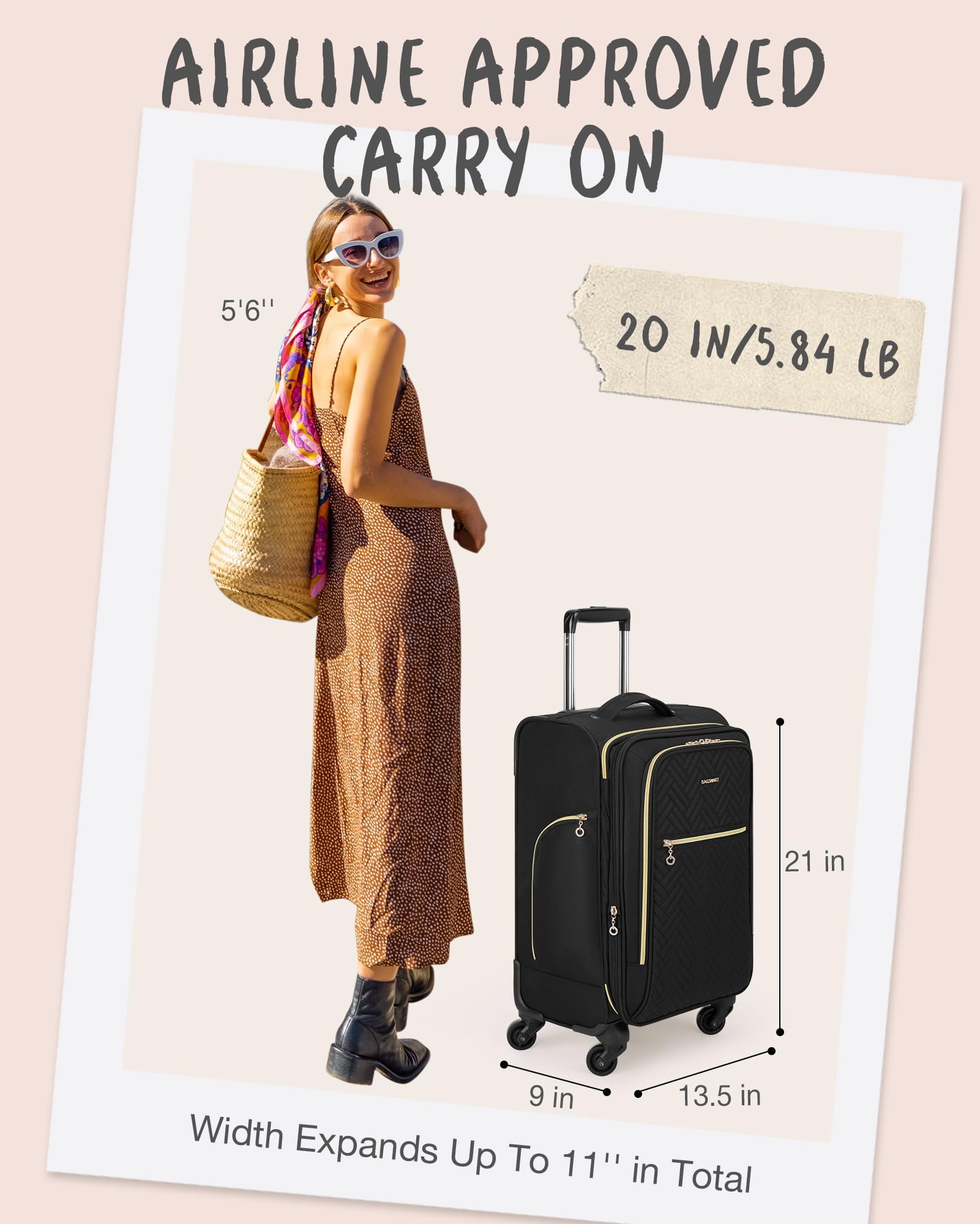 BAGSMART Softside Carry On Luggage Expandable Suitcase, 21 Inch Lightweight Checked Luggage Airline Approved Rolling Suitcases with Spinner Wheels & TSA Lock, Front Pocket for Women Men, Black